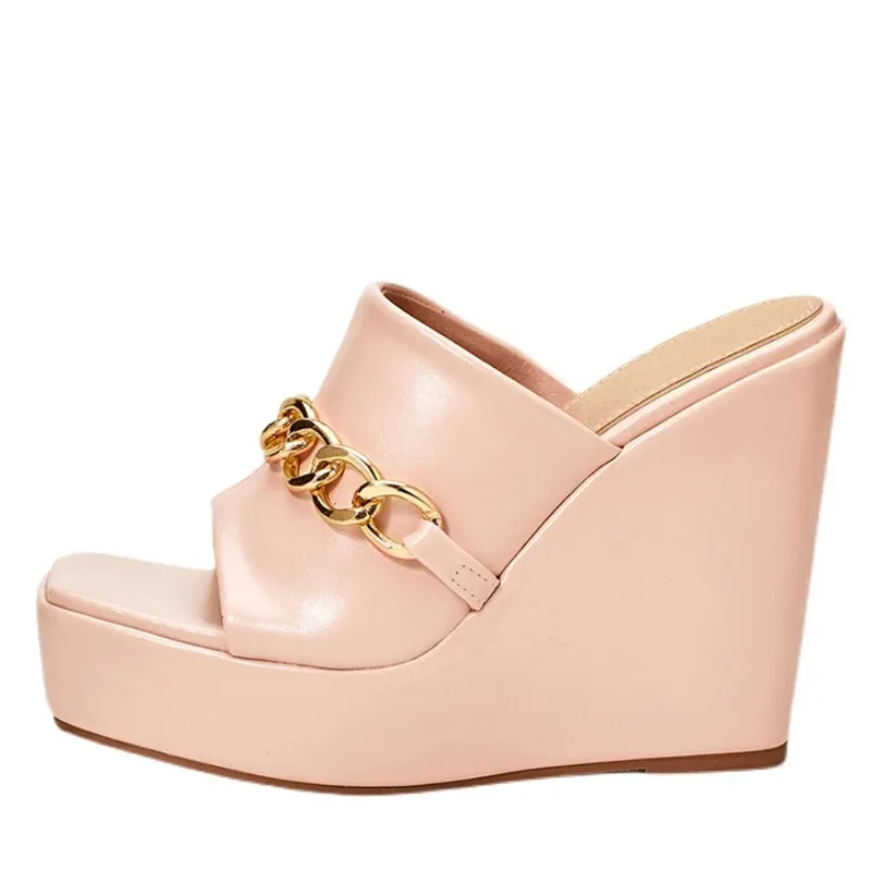 New Leather Red Platform Wedges Slippers Summer Peep Toe Sexy Super High Heels