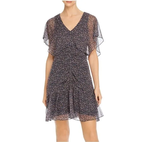 PARKER Silk Tacoma Dress Viceroy Flutter Sleeve Ruched Floral Navy Blue Sz 4 NEW