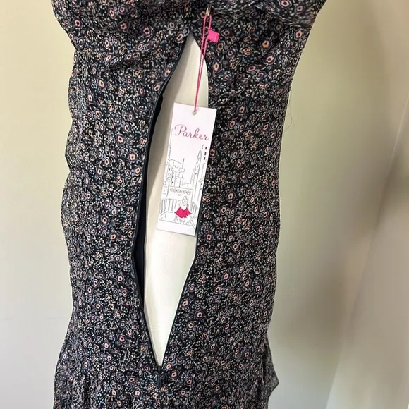 PARKER Silk Tacoma Dress Viceroy Flutter Sleeve Ruched Floral Navy Blue Sz 4 NEW