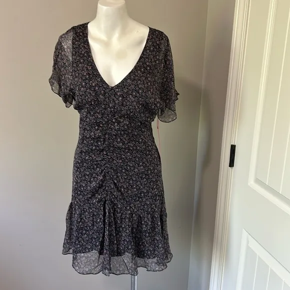 PARKER Silk Tacoma Dress Viceroy Flutter Sleeve Ruched Floral Navy Blue Sz 4 NEW
