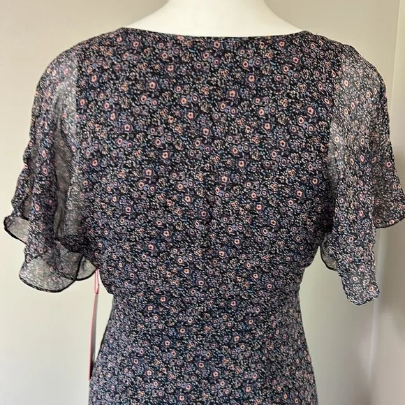 PARKER Silk Tacoma Dress Viceroy Flutter Sleeve Ruched Floral Navy Blue Sz 4 NEW