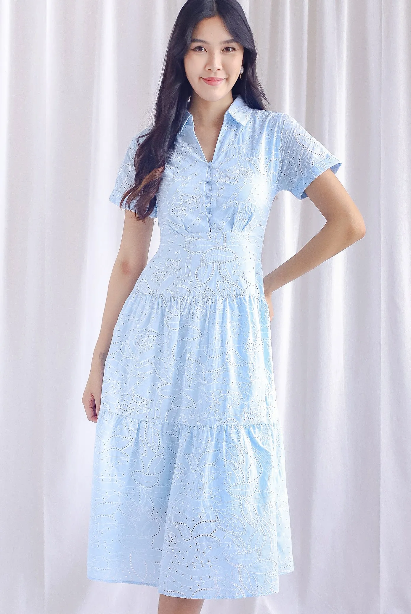 Penny Embro Eyelet Buttons Sleeved Dress In Blue