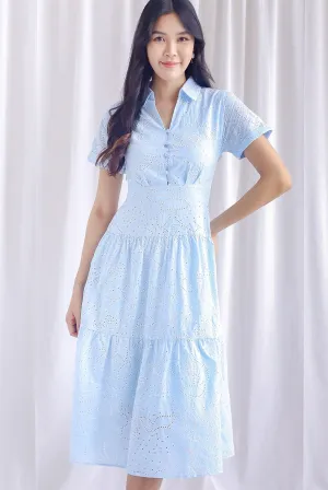 Penny Embro Eyelet Buttons Sleeved Dress In Blue