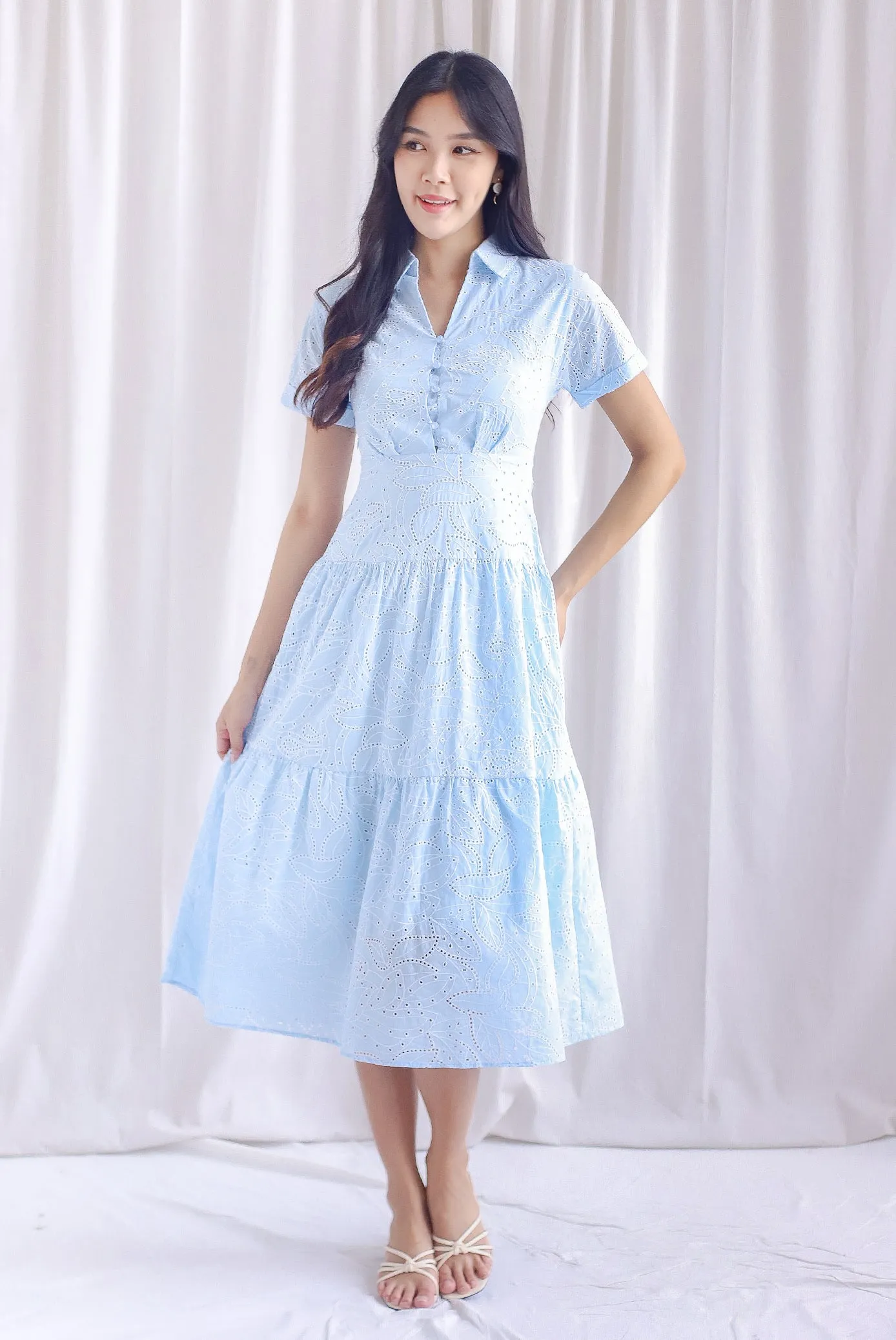 Penny Embro Eyelet Buttons Sleeved Dress In Blue