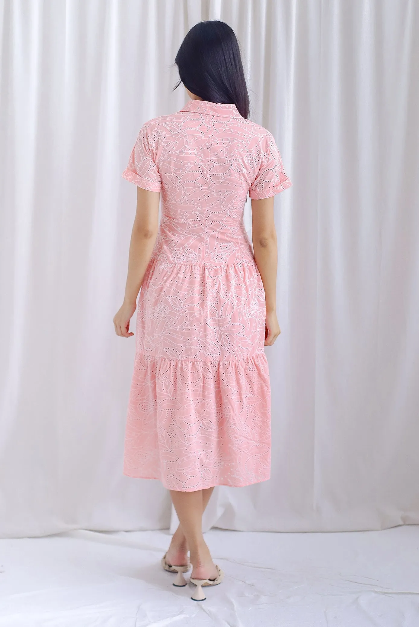 Penny Embro Eyelet Buttons Sleeved Dress In Pink