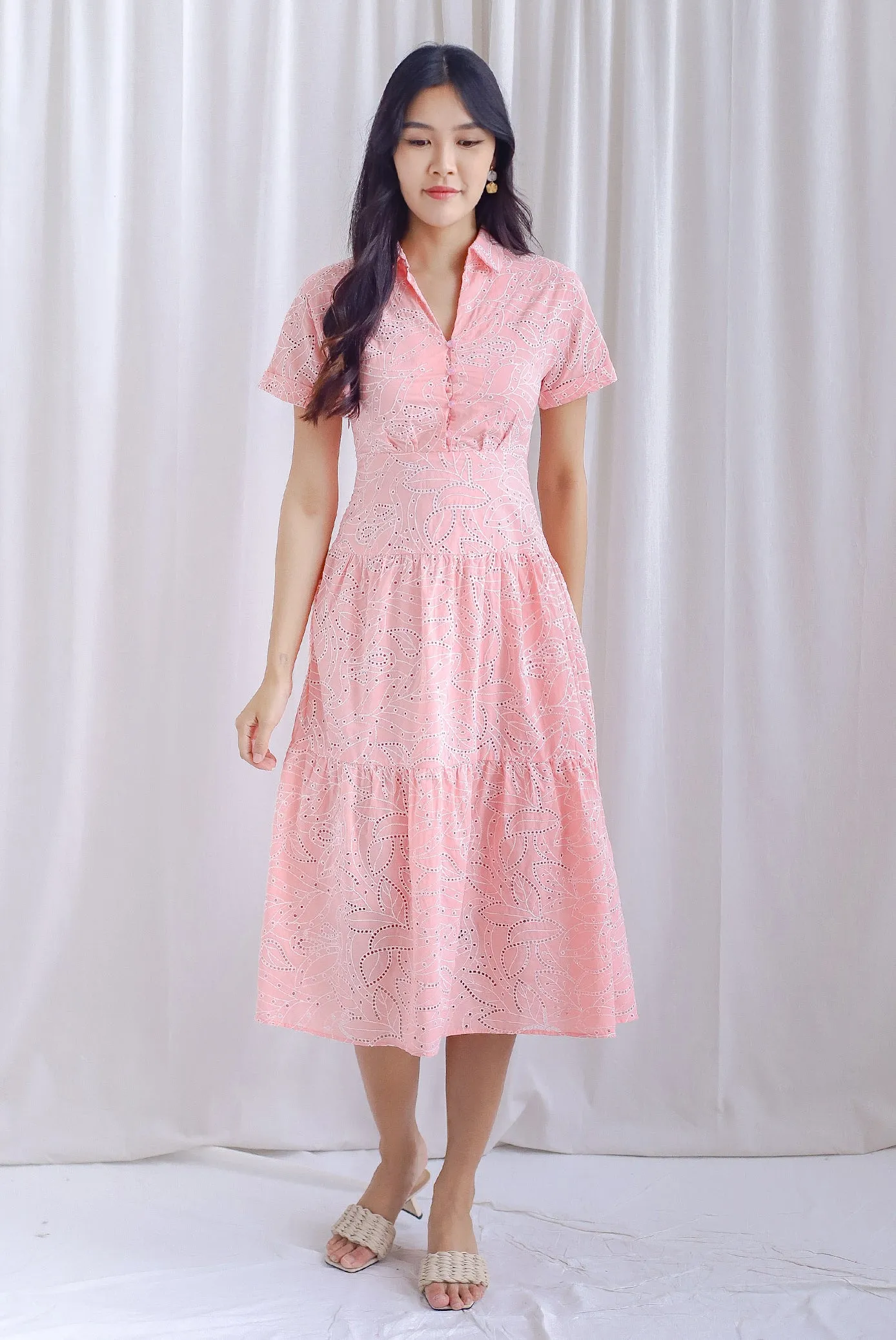 Penny Embro Eyelet Buttons Sleeved Dress In Pink