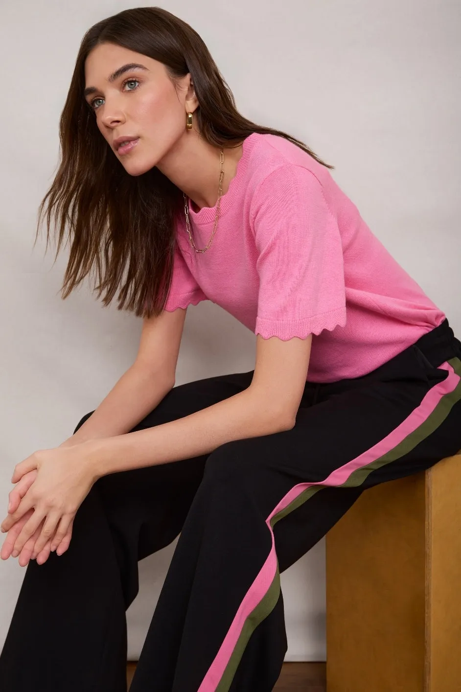 Penny Ponte Wide Leg Trouser - Black/Moss Green Pink Stripe