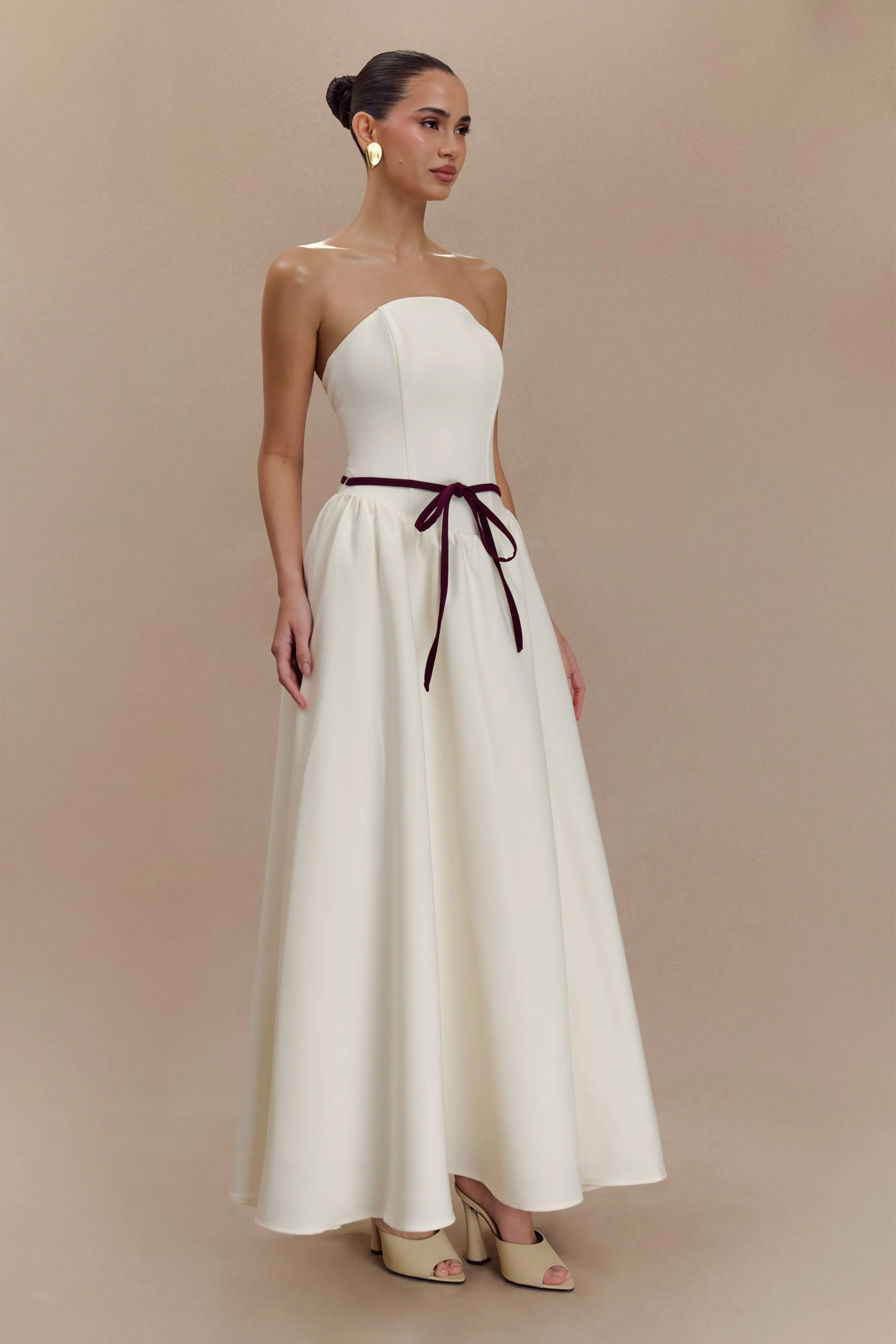 Penny Strapless Contrast Midi Dress - Ivory & Burgundy