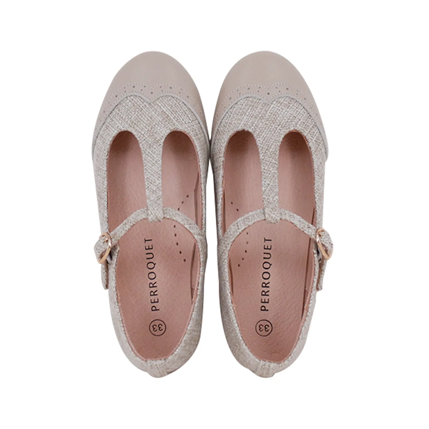 Perroquet Leather Wingtip T-Straps - Linen/Beige