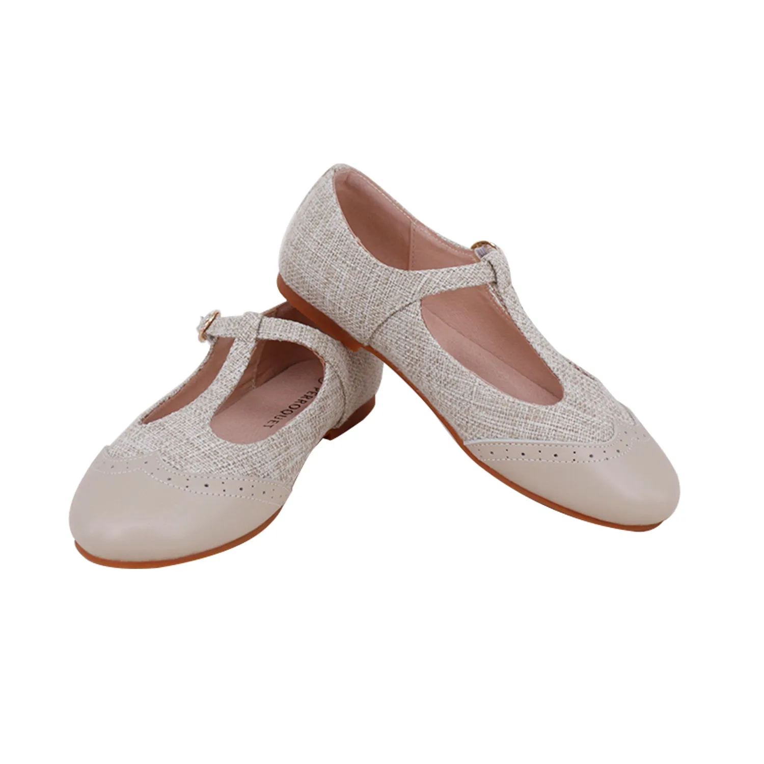 Perroquet Leather Wingtip T-Straps - Linen/Beige