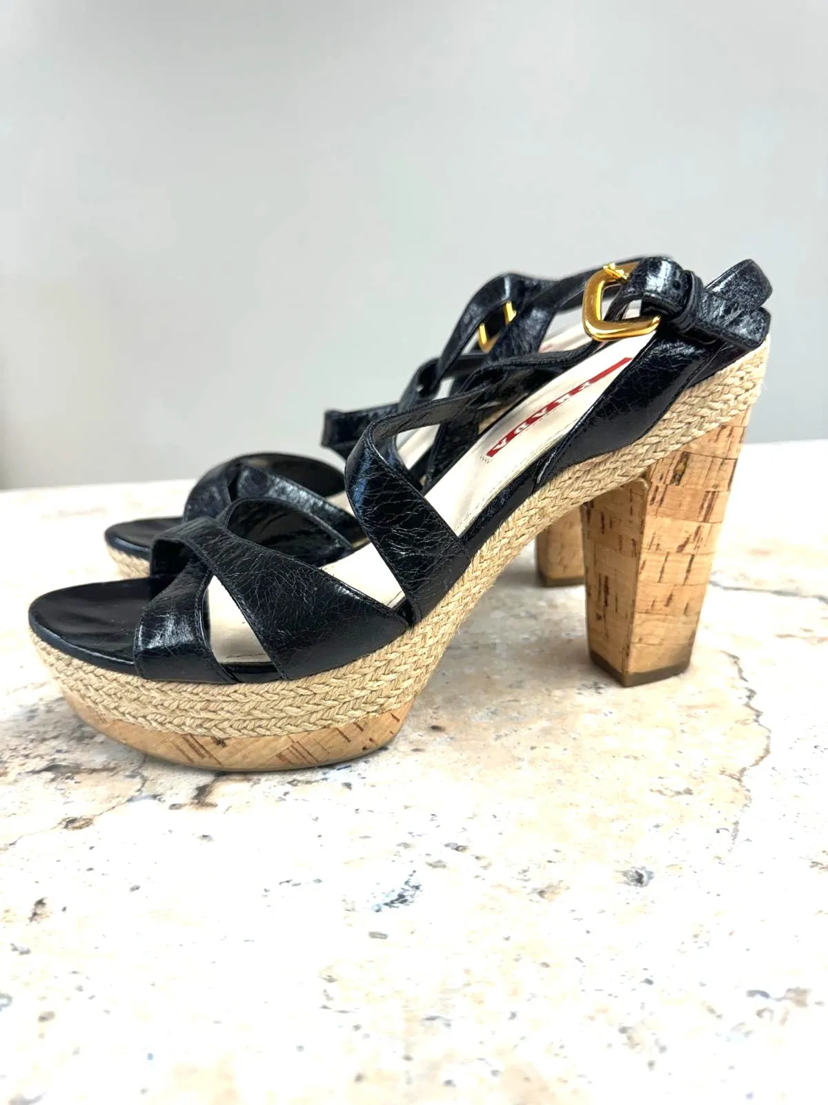 PRADA STRAPPY BRAIDED ACCENTS LEATHER ESPADRILLE SANDALS