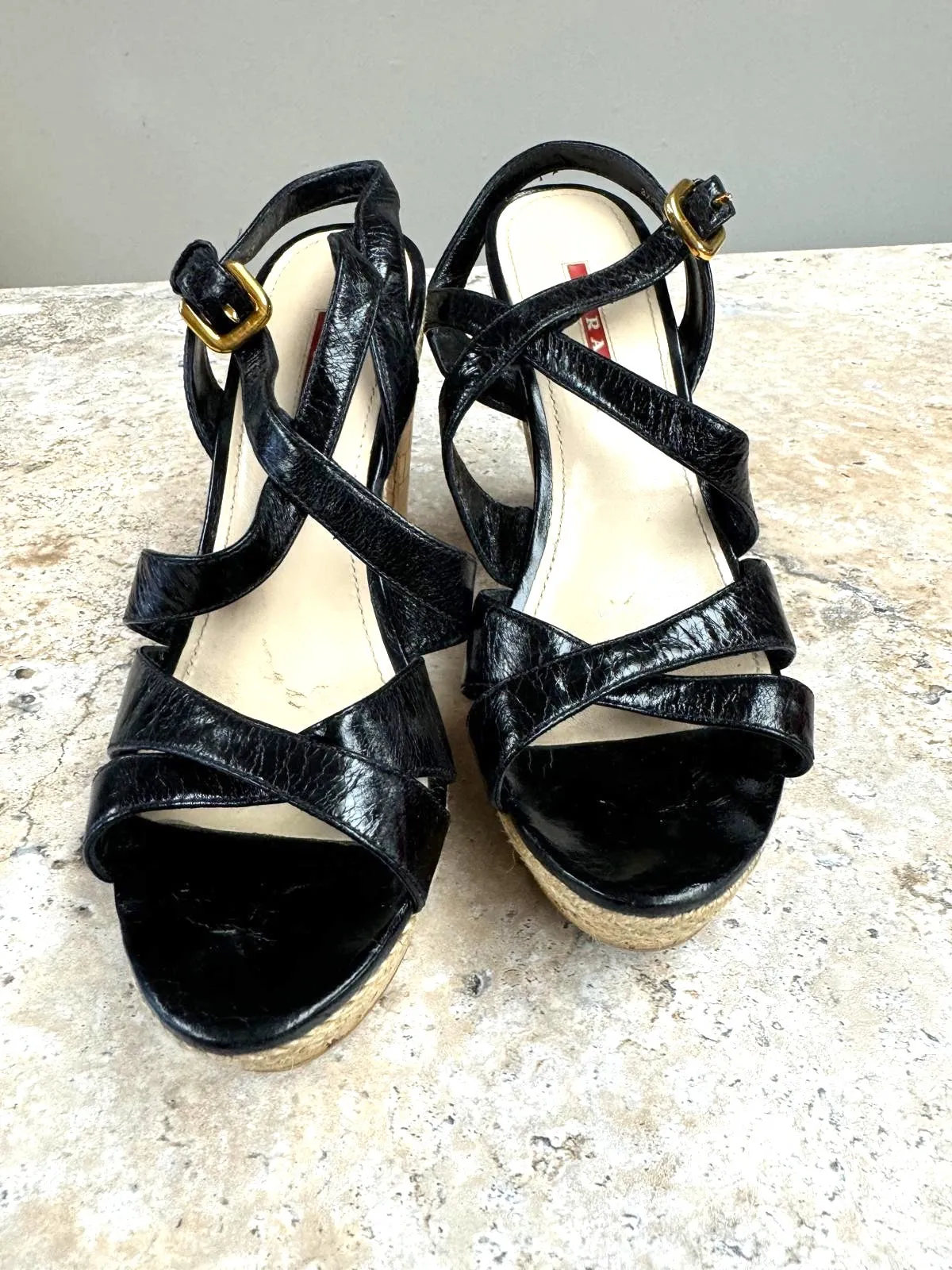 PRADA STRAPPY BRAIDED ACCENTS LEATHER ESPADRILLE SANDALS
