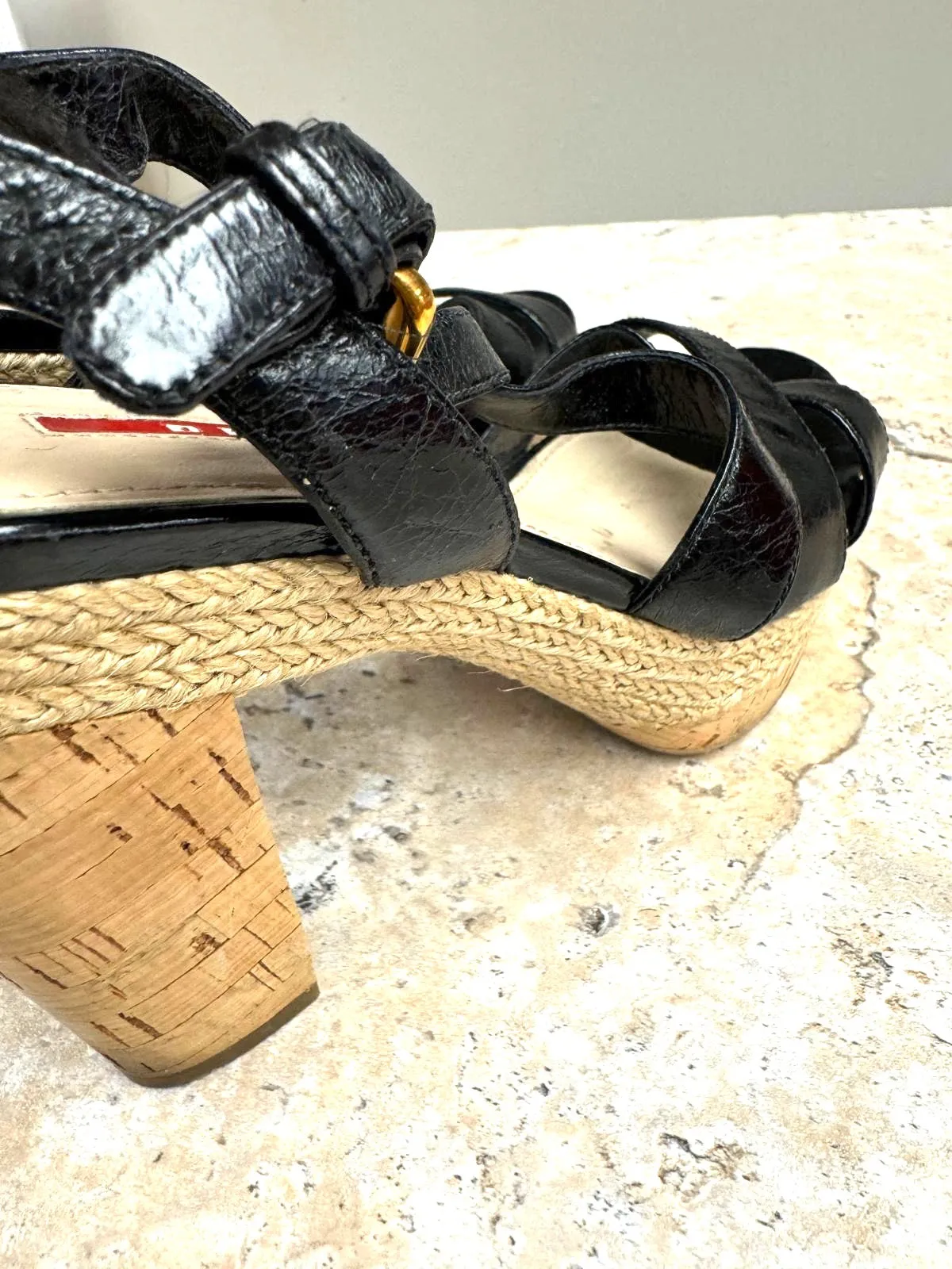 PRADA STRAPPY BRAIDED ACCENTS LEATHER ESPADRILLE SANDALS