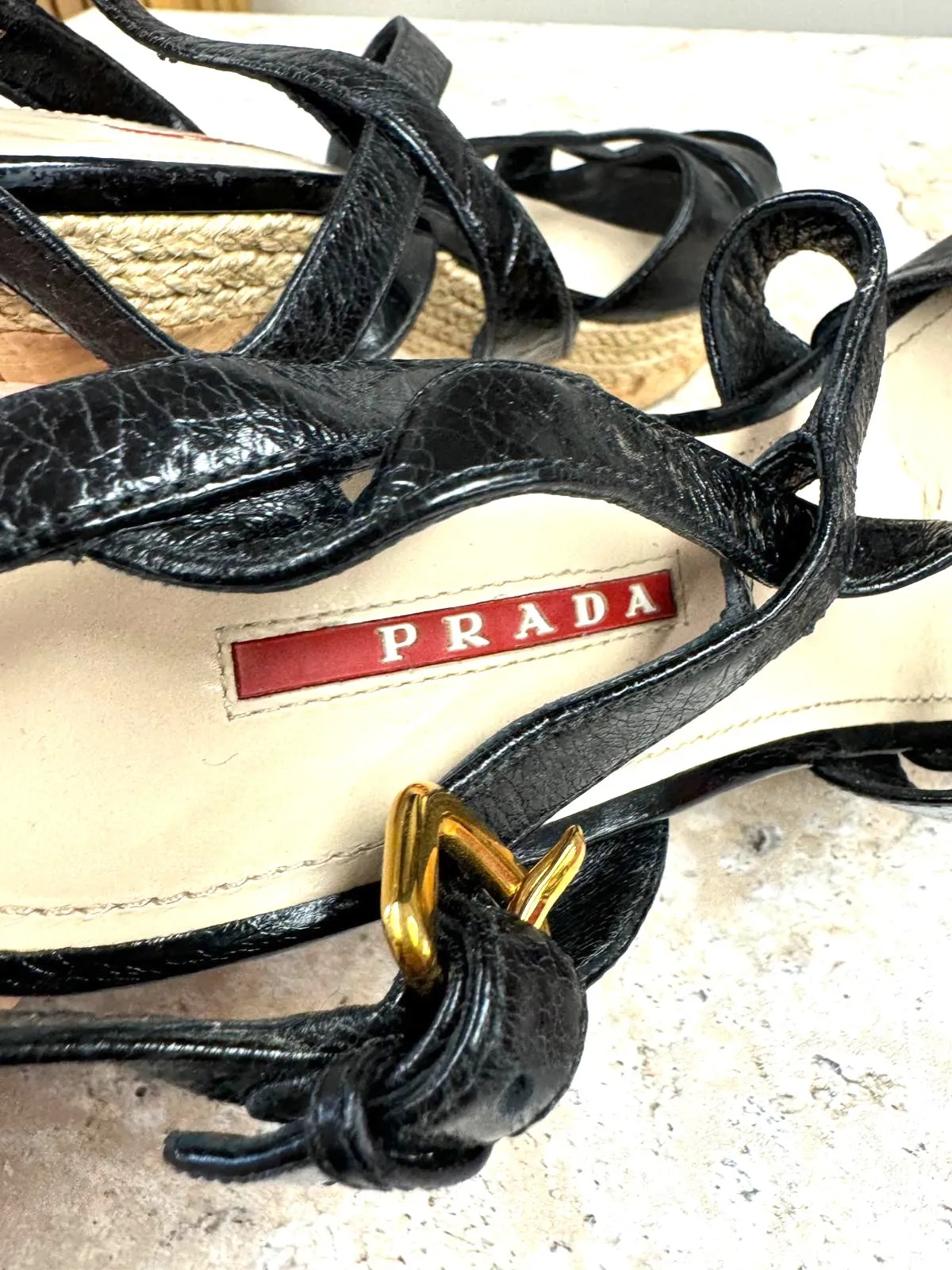 PRADA STRAPPY BRAIDED ACCENTS LEATHER ESPADRILLE SANDALS
