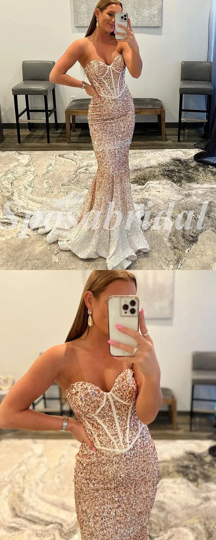 Sexy Gradient Sequin Sweetheart Sleeveless Mermaid Long Prom Dresses, PD3608