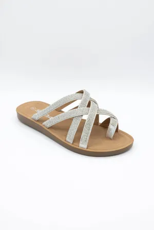 Soda Step Up Strappy Rhinestone Slides for Women in Silver | STEPUP-S SILVER
