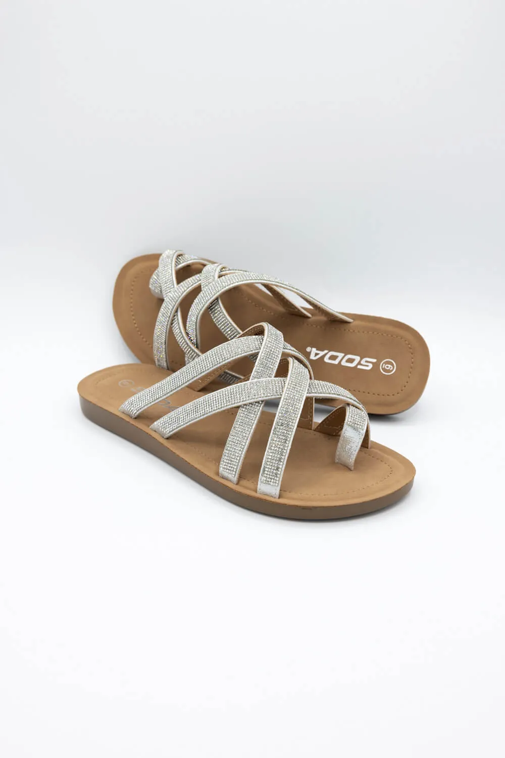 Soda Step Up Strappy Rhinestone Slides for Women in Silver | STEPUP-S SILVER