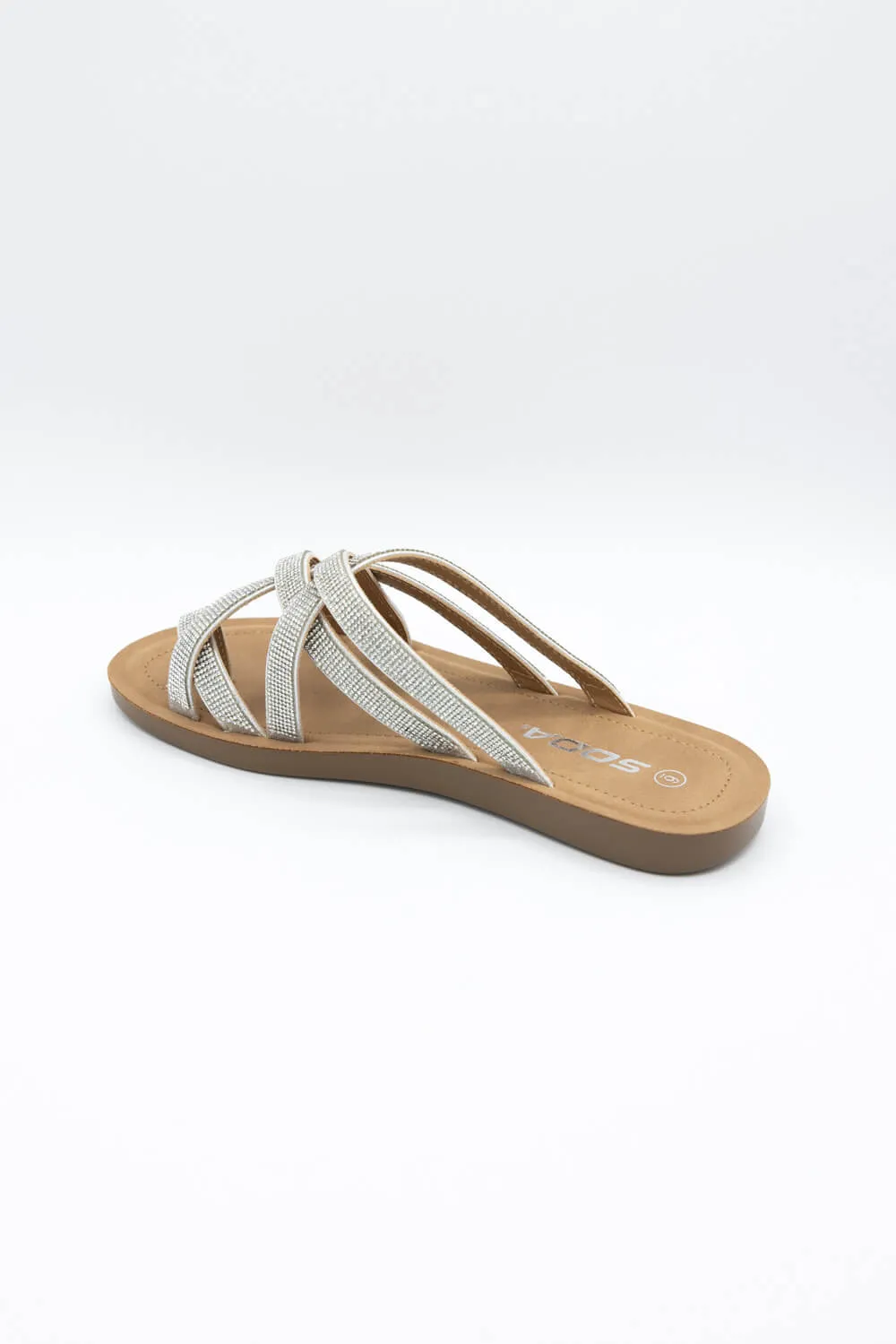 Soda Step Up Strappy Rhinestone Slides for Women in Silver | STEPUP-S SILVER