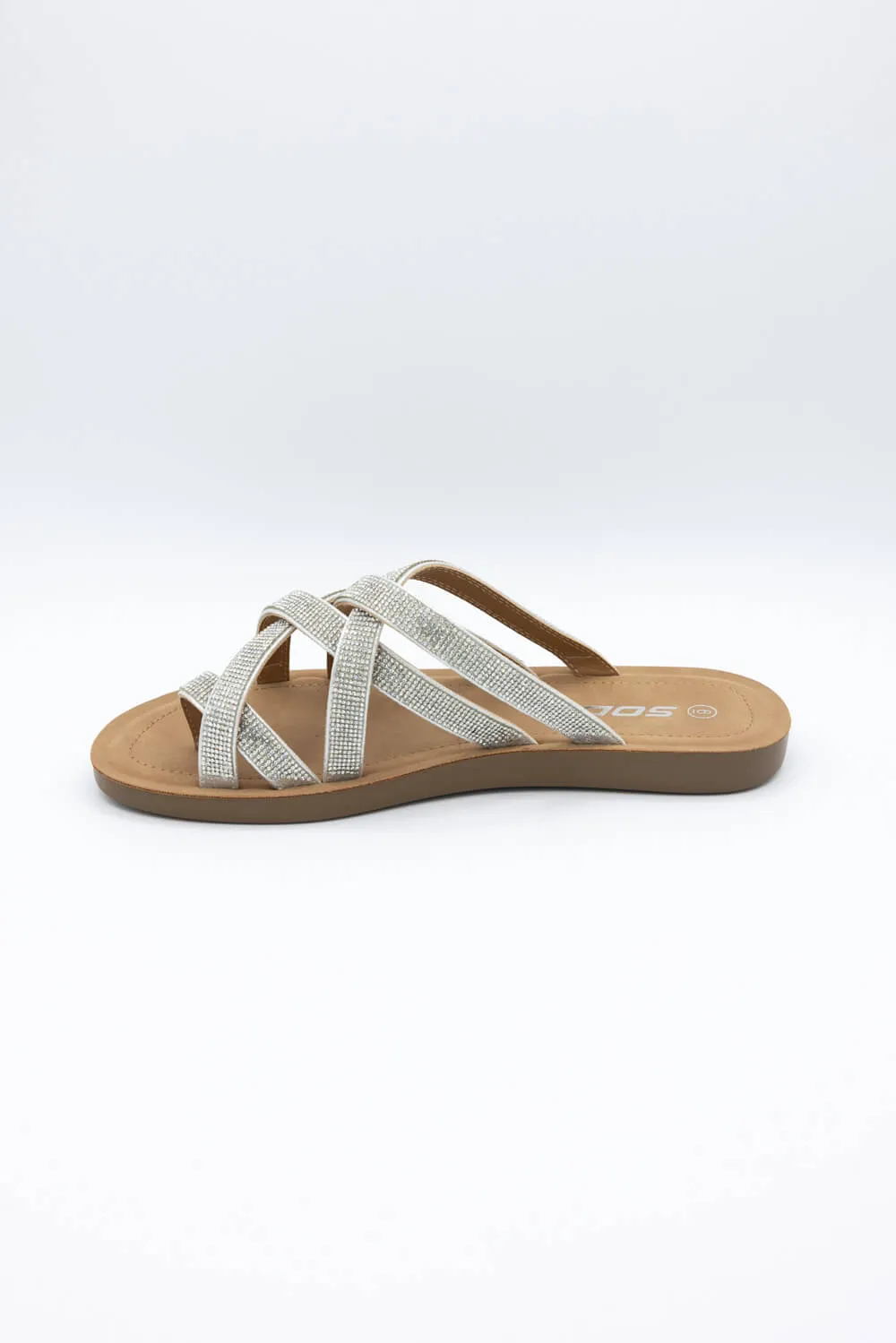 Soda Step Up Strappy Rhinestone Slides for Women in Silver | STEPUP-S SILVER