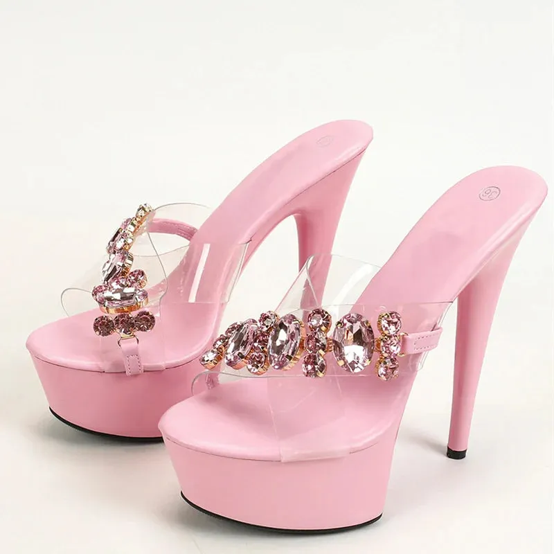 Summer Ultra High Platform Slipper Women Pink Diamond Chain Designer Shoes