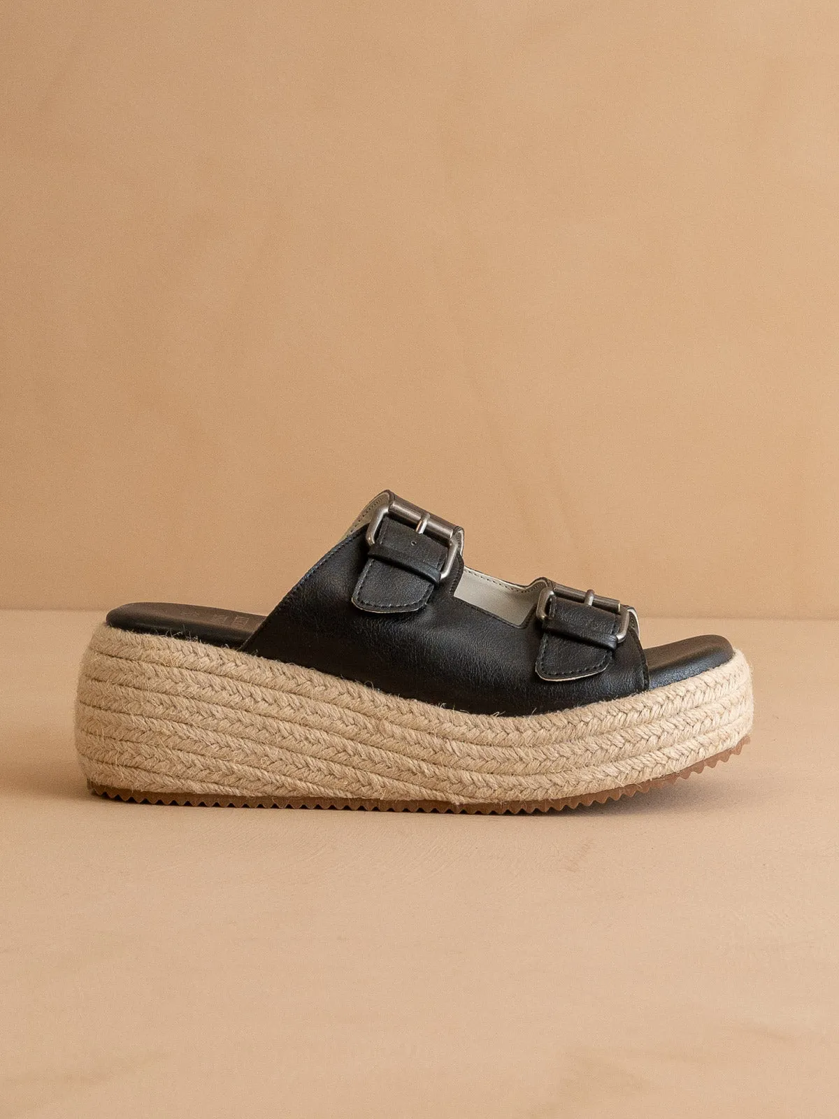 The Porto | Black Fun Flatform with Double Buckle Detail