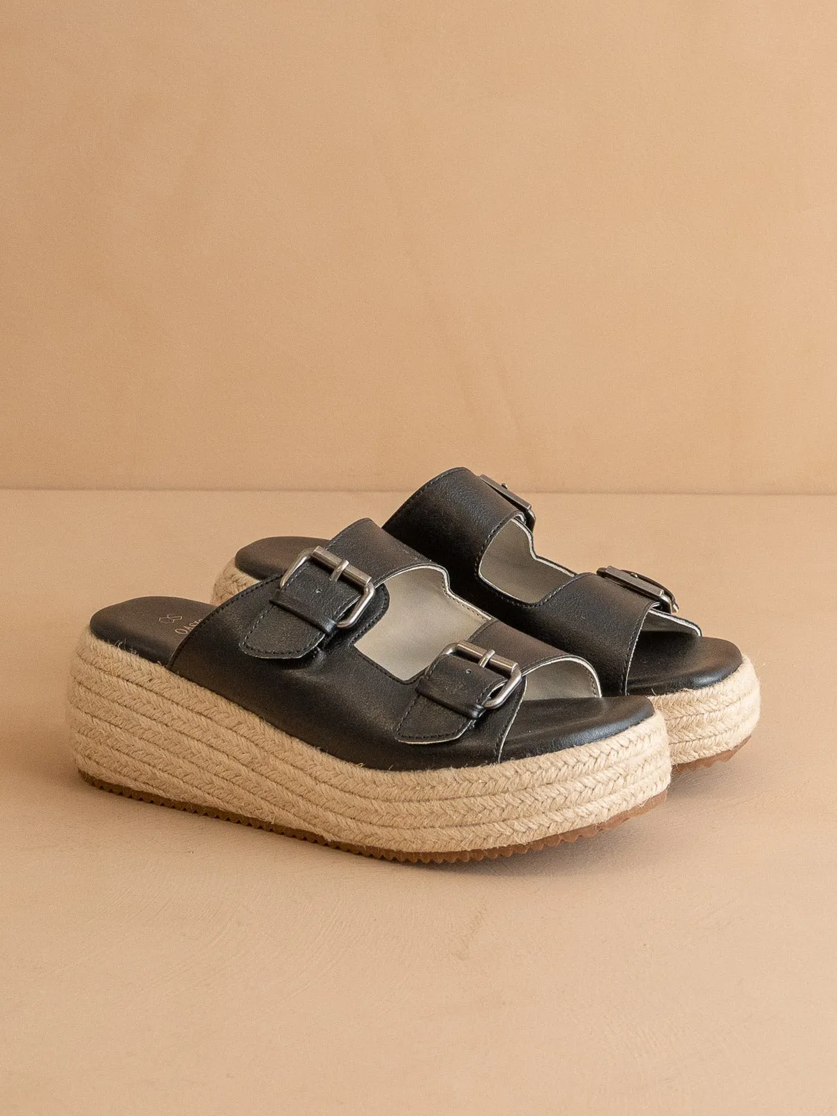 The Porto | Black Fun Flatform with Double Buckle Detail