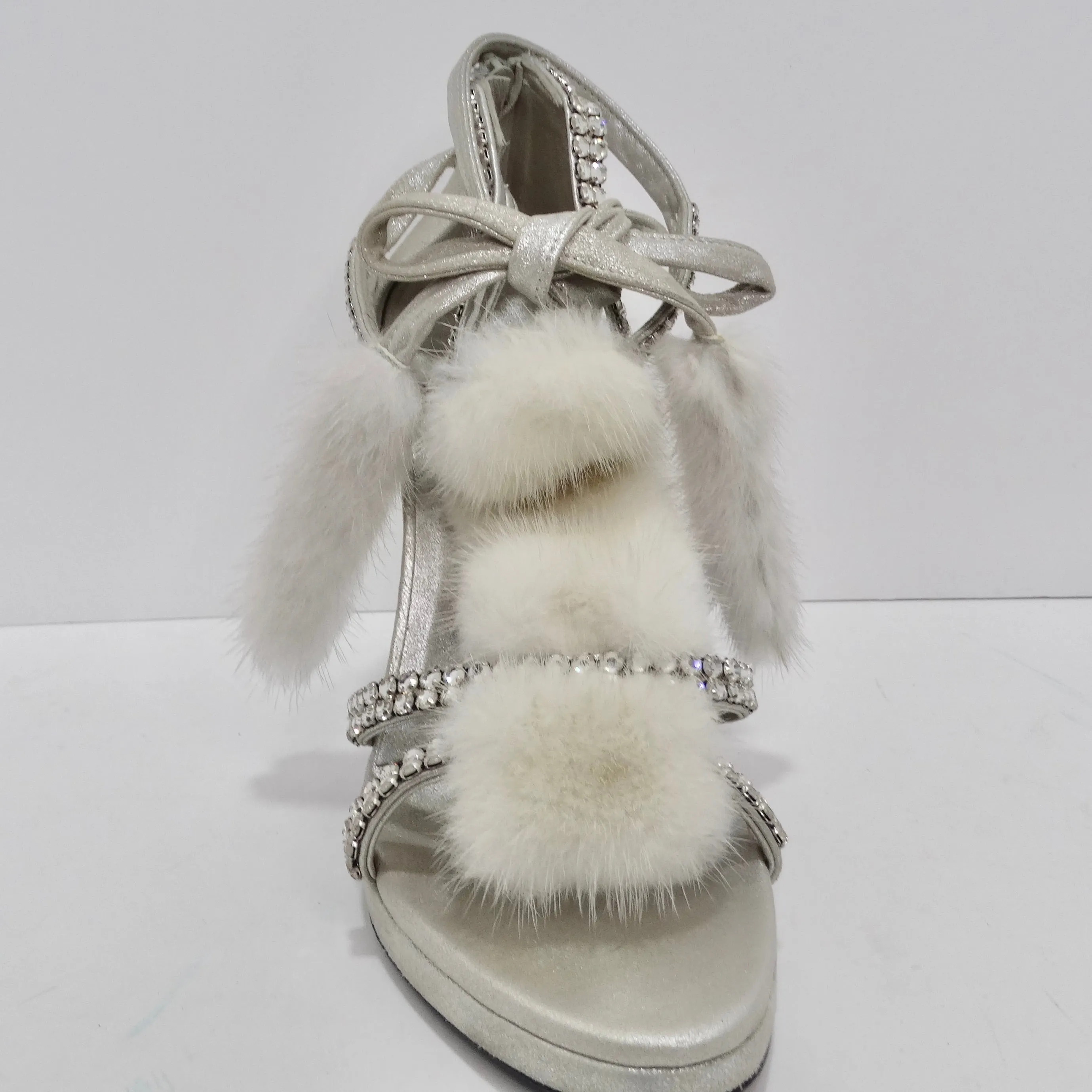 Tom Ford for Gucci Silver Strappy White Mink Leather Crystal Platform Shoes
