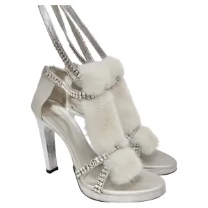 Tom Ford for Gucci Silver Strappy White Mink Leather Crystal Platform Shoes