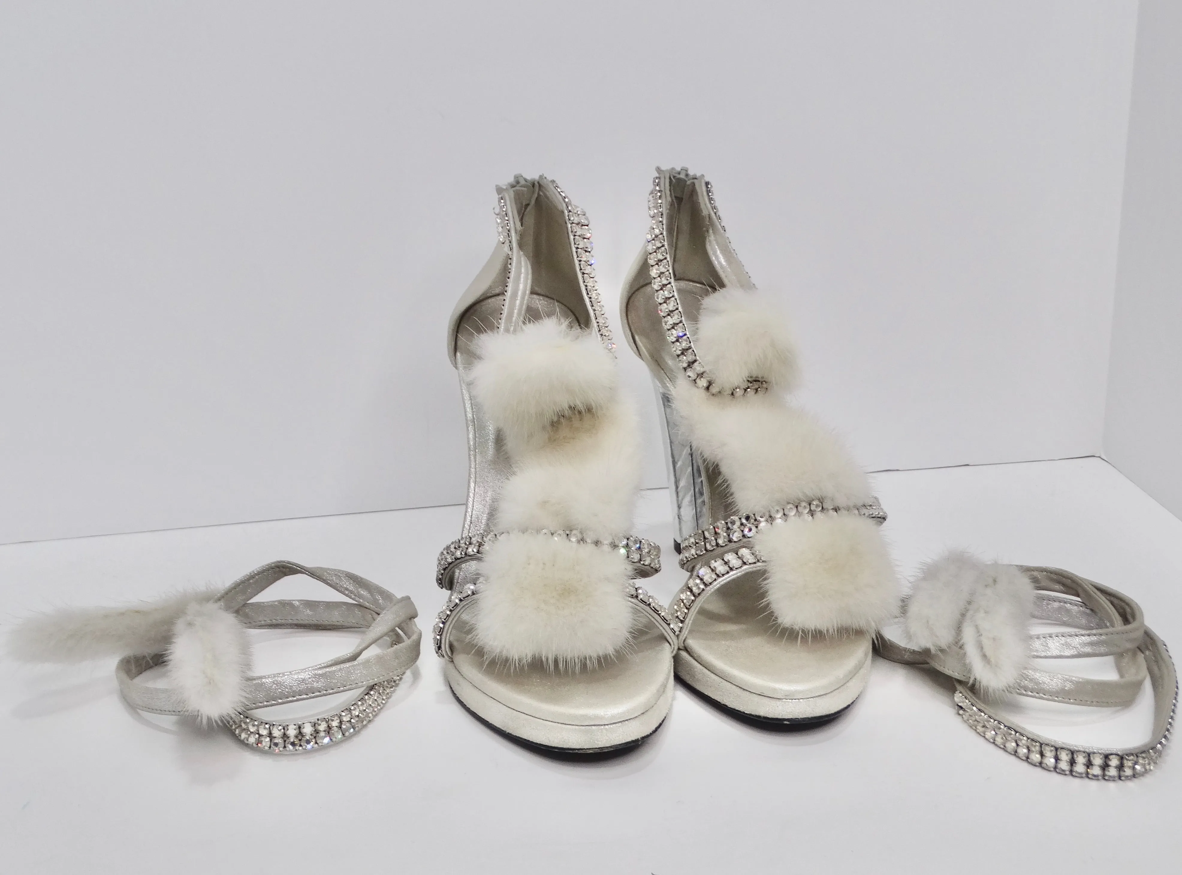 Tom Ford for Gucci Silver Strappy White Mink Leather Crystal Platform Shoes
