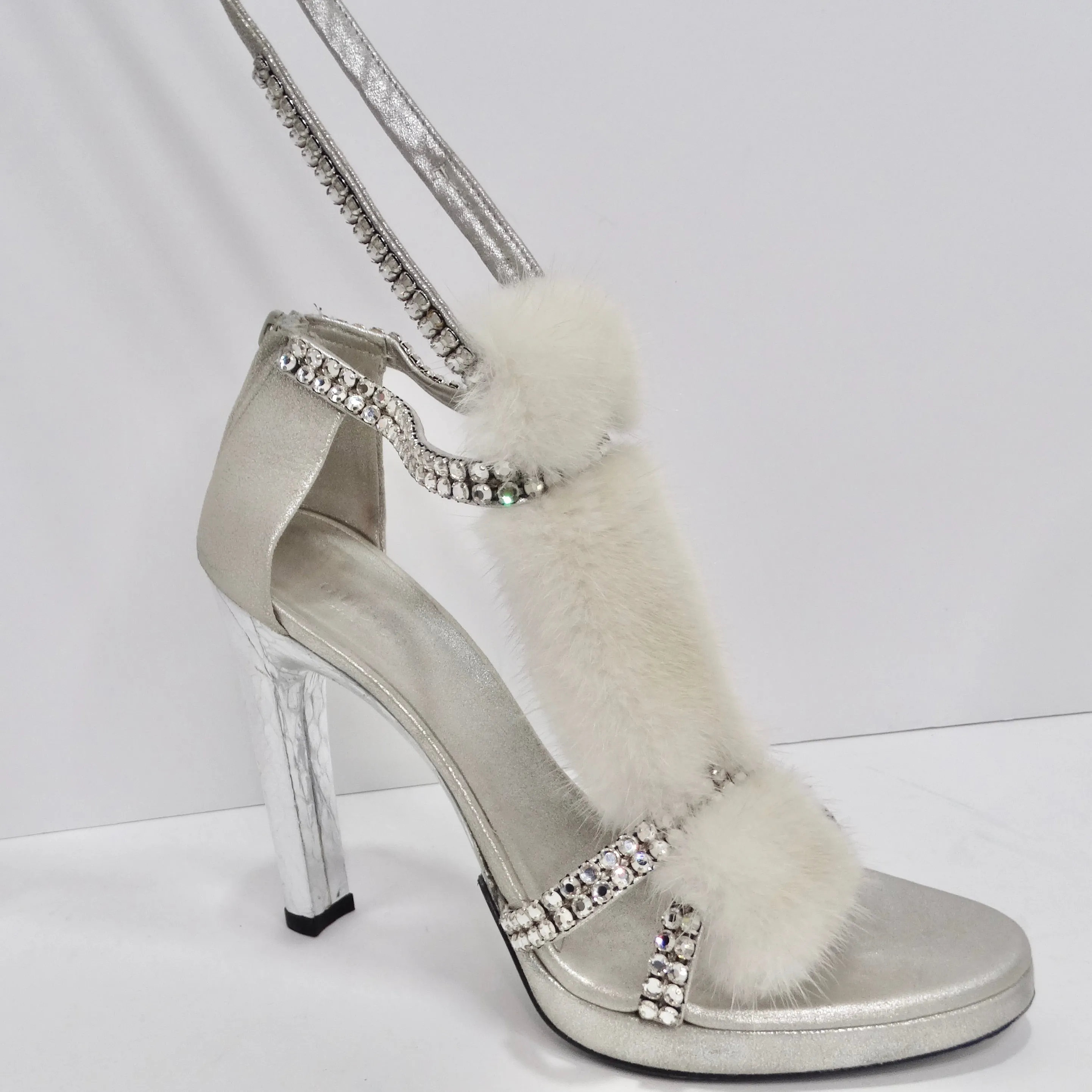 Tom Ford for Gucci Silver Strappy White Mink Leather Crystal Platform Shoes