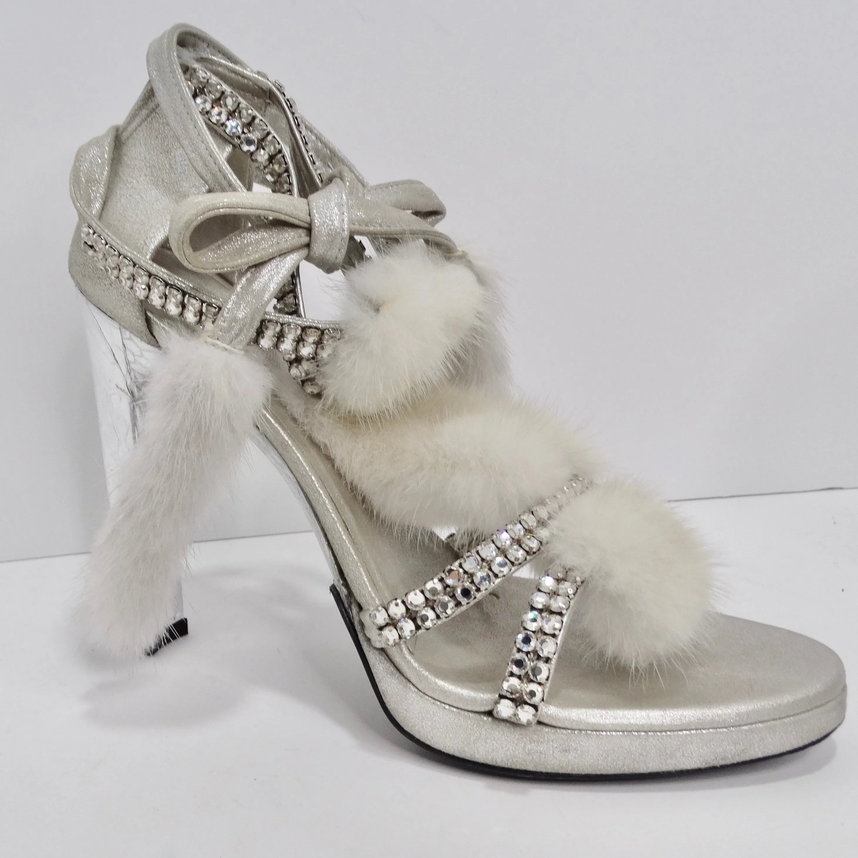 Tom Ford for Gucci Silver Strappy White Mink Leather Crystal Platform Shoes