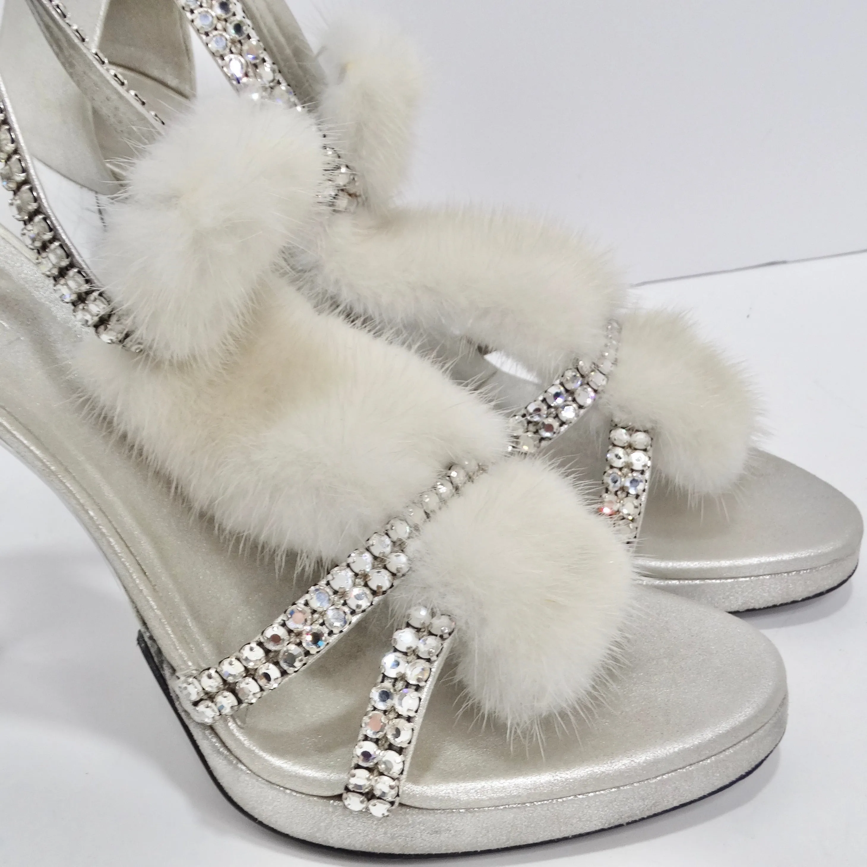 Tom Ford for Gucci Silver Strappy White Mink Leather Crystal Platform Shoes