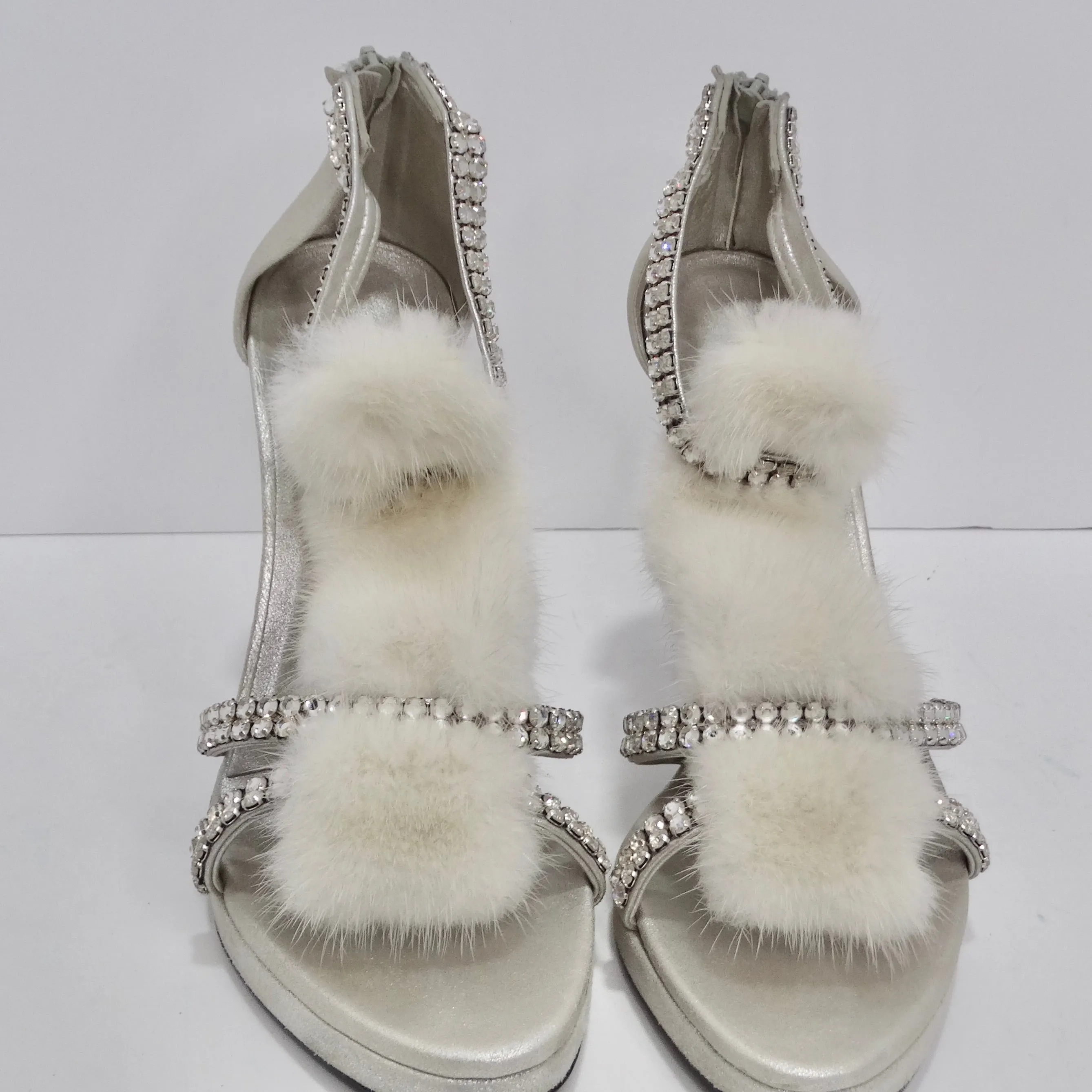 Tom Ford for Gucci Silver Strappy White Mink Leather Crystal Platform Shoes