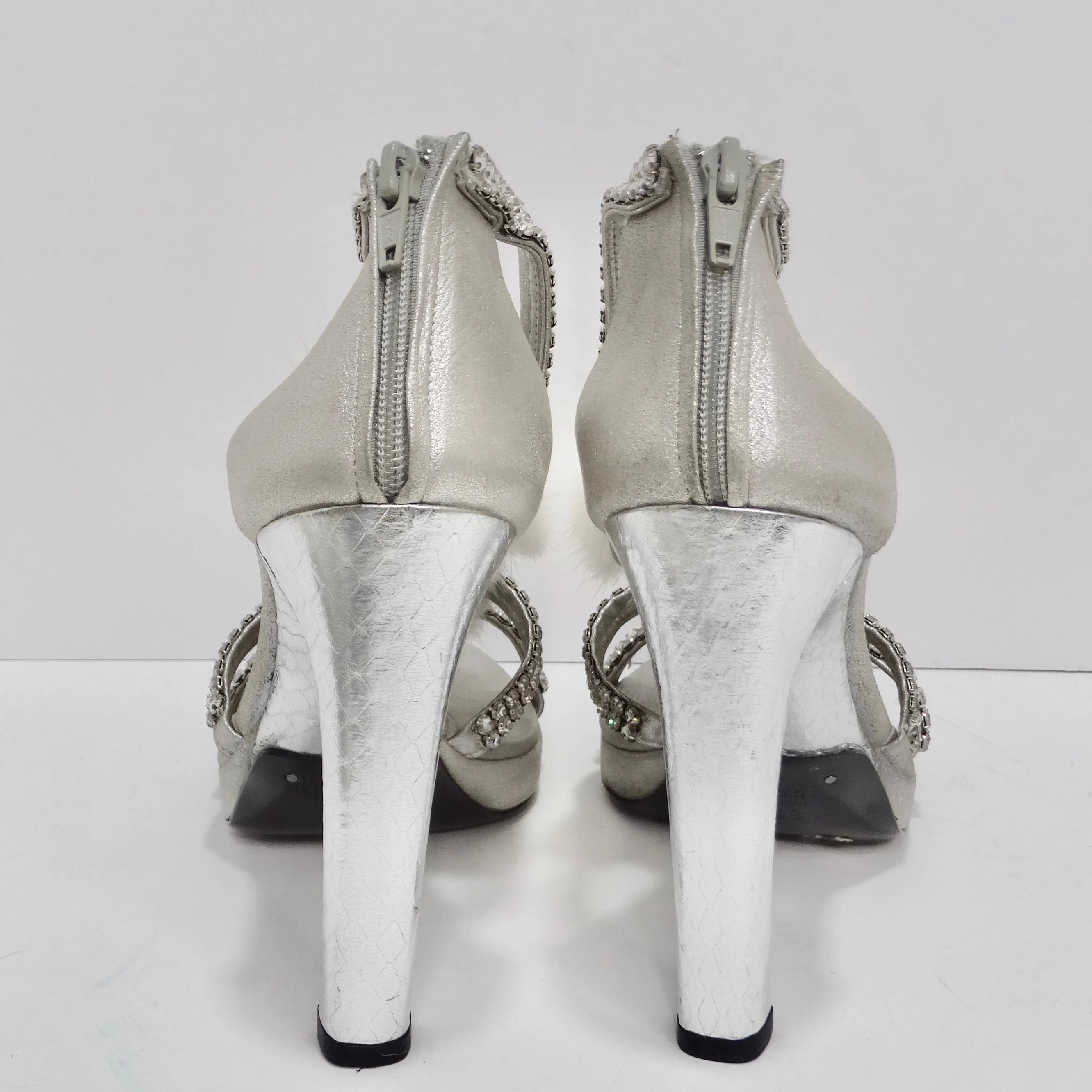 Tom Ford for Gucci Silver Strappy White Mink Leather Crystal Platform Shoes