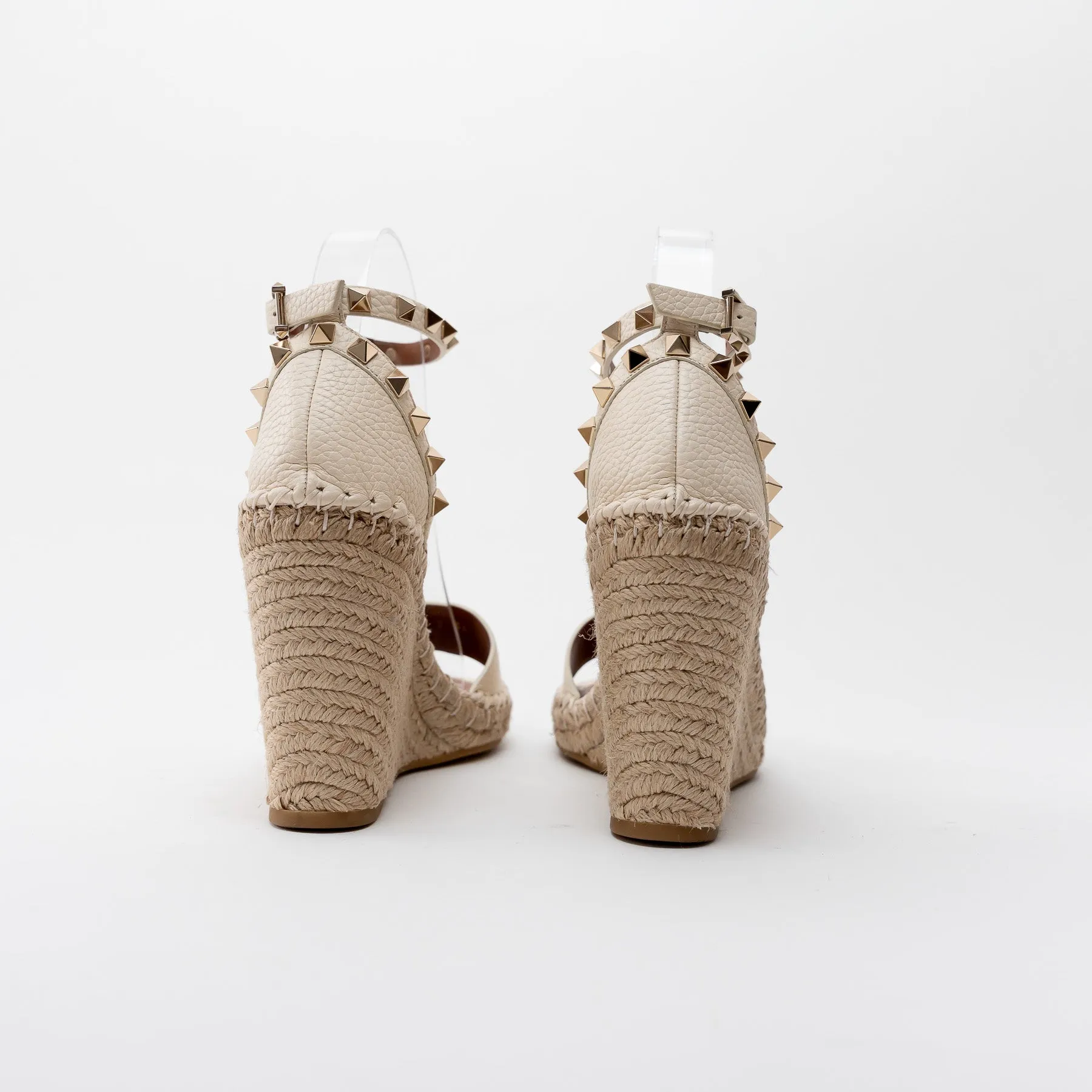 Valentino Light Ivory Espadrille Double Rockstud Grainy Calfskin Wedge Sandal Size 36