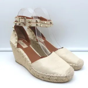 Valentino Rockstud Double Espadrille Wedges Cream Leather Size 38