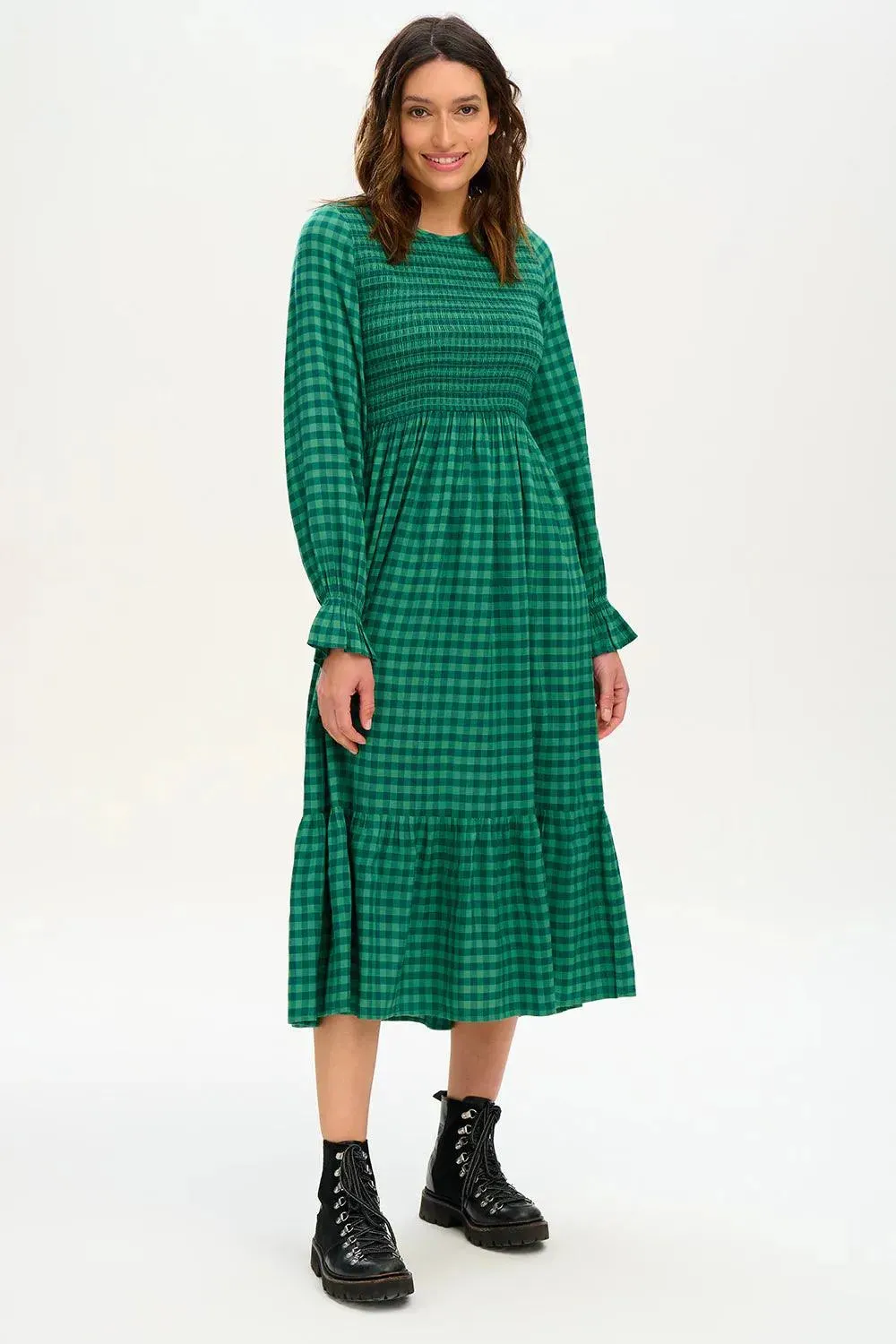 Vestido Penny Midi Shirred Green Gingham