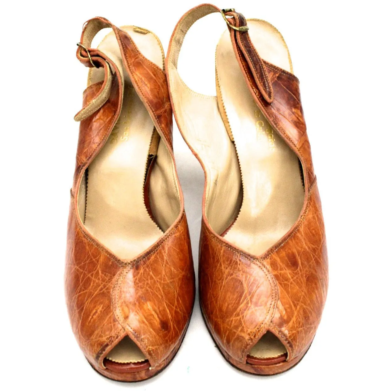 Vtg 1940s Alligator Platform Shoes Heels Slingback Peep-toe 7 M 4" Heel