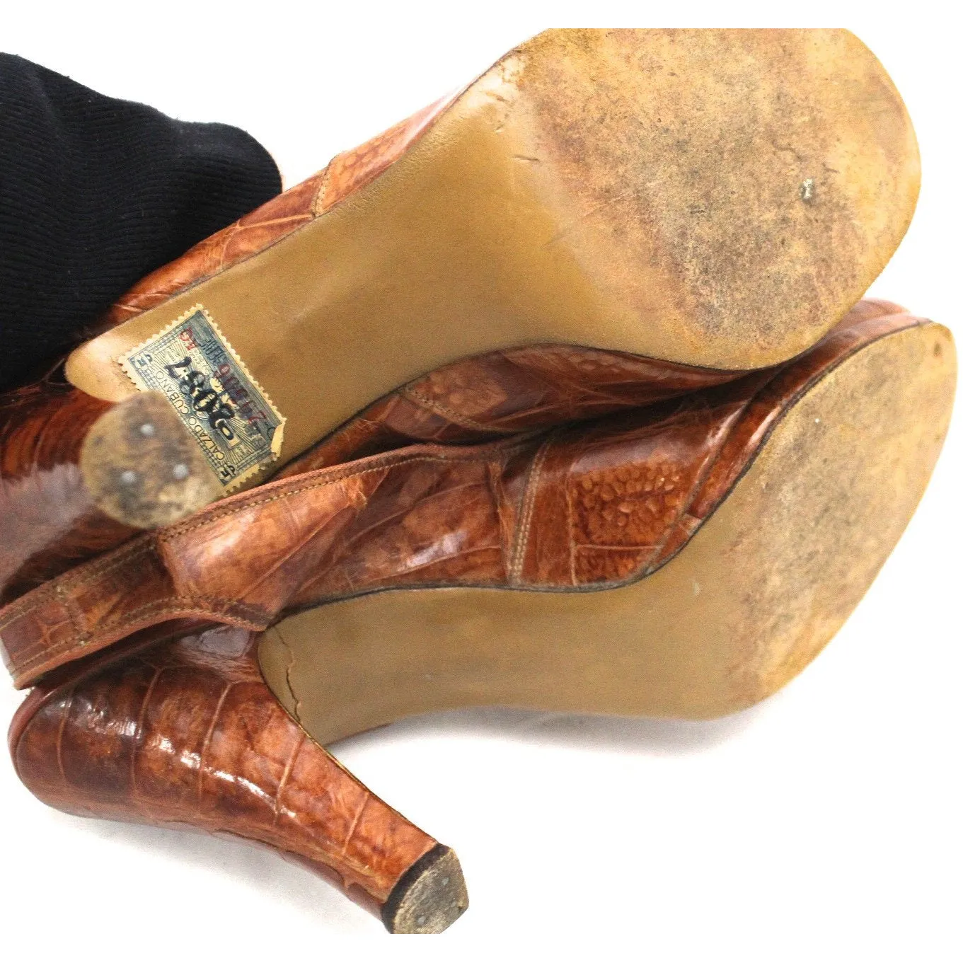 Vtg 1940s Alligator Platform Shoes Heels Slingback Peep-toe 7 M 4" Heel
