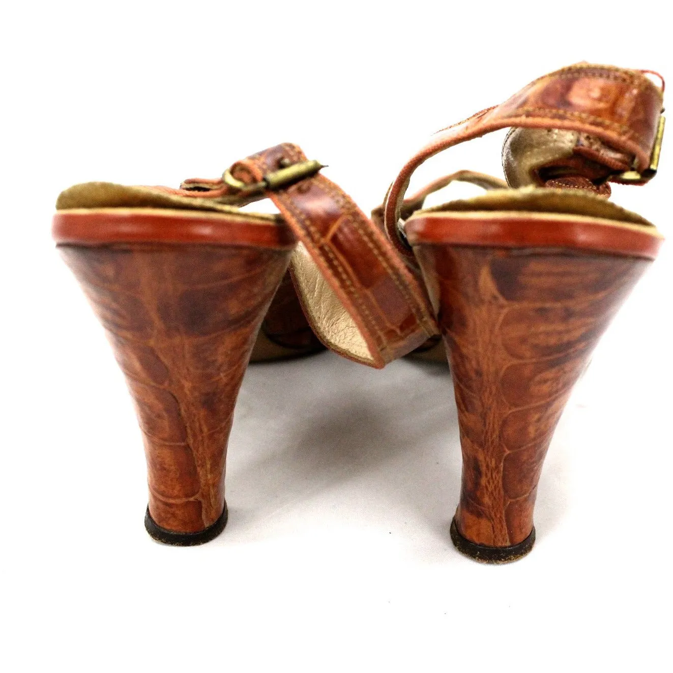 Vtg 1940s Alligator Platform Shoes Heels Slingback Peep-toe 7 M 4" Heel