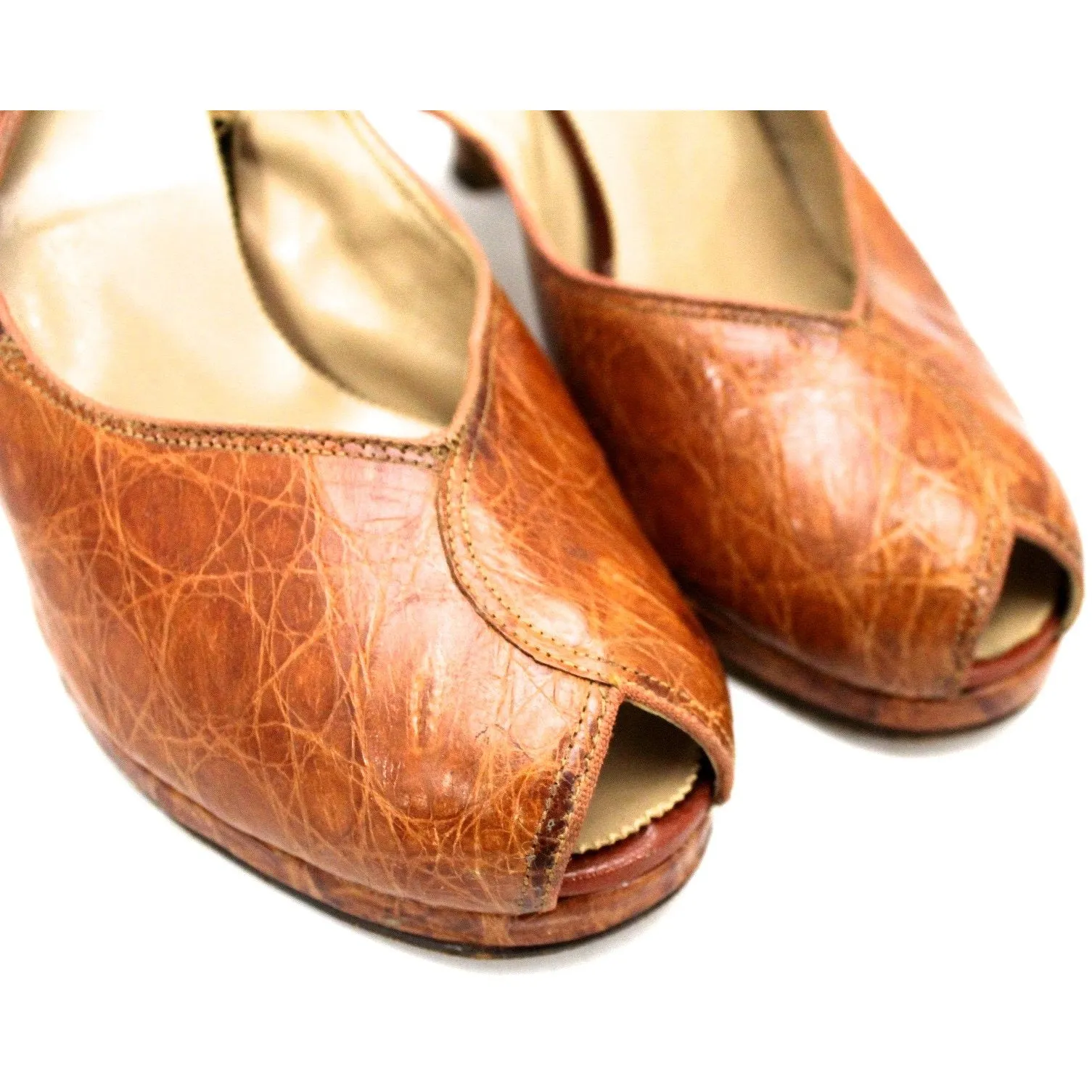 Vtg 1940s Alligator Platform Shoes Heels Slingback Peep-toe 7 M 4" Heel