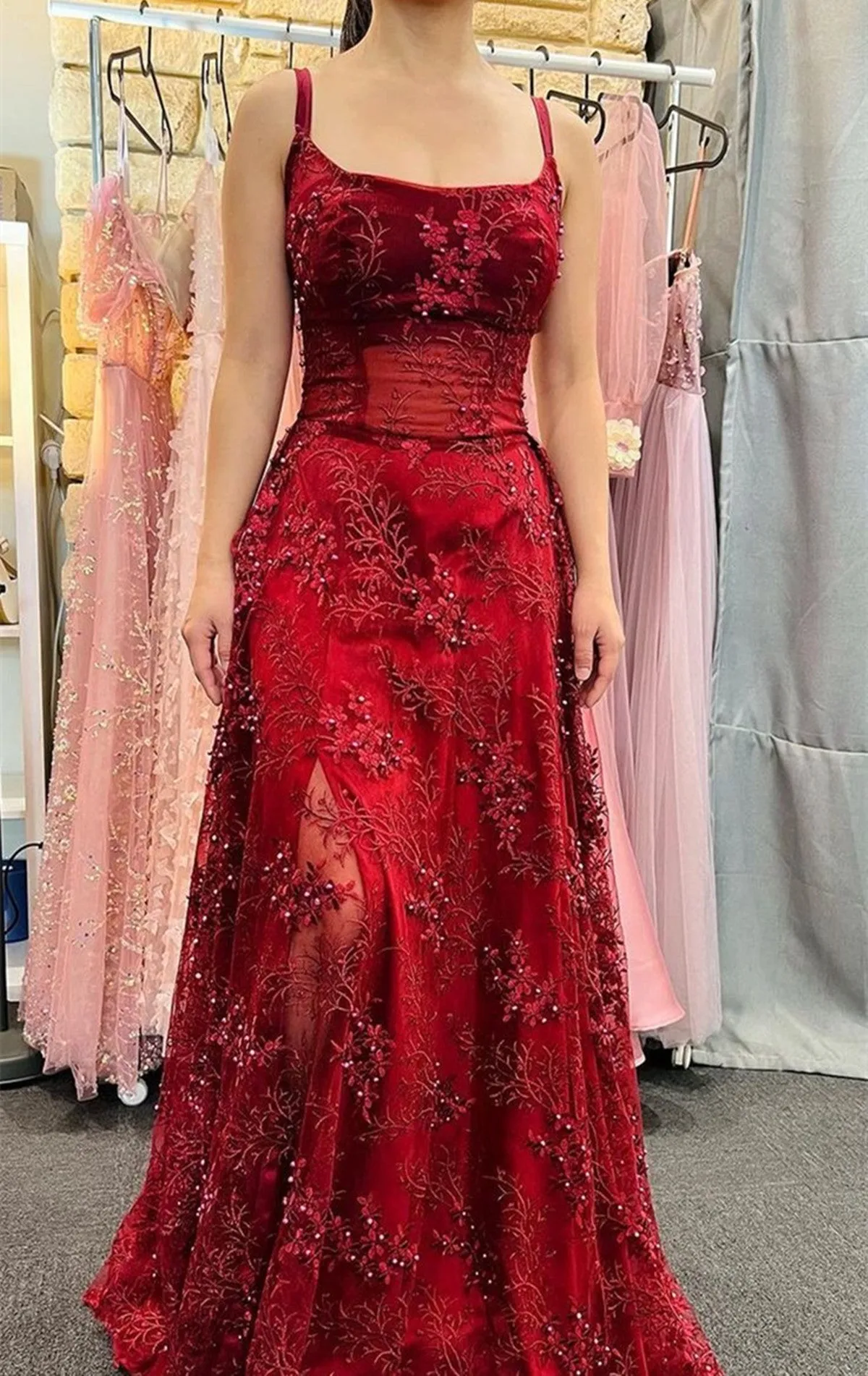 Wine Red Lace Scoop Straps A-line Prom Dress, Wine Red Evening Dress