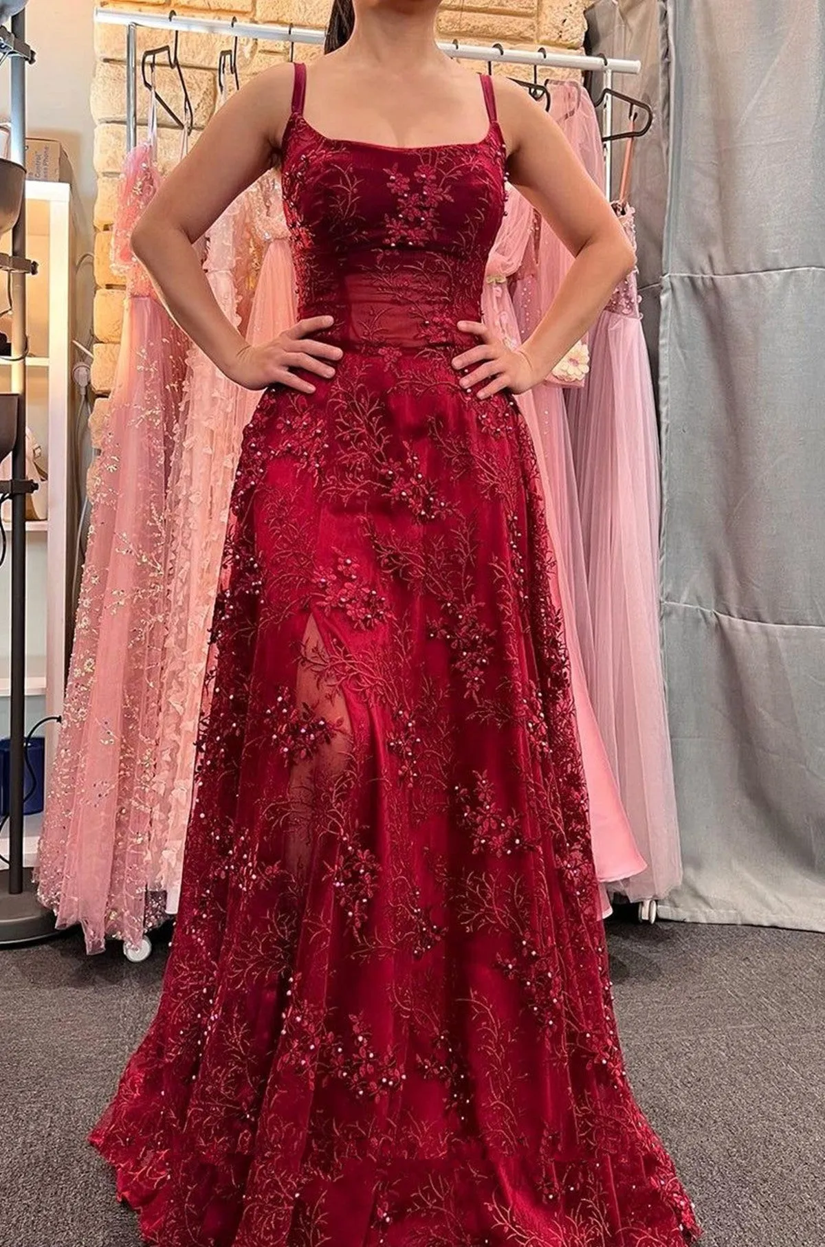 Wine Red Lace Scoop Straps A-line Prom Dress, Wine Red Evening Dress