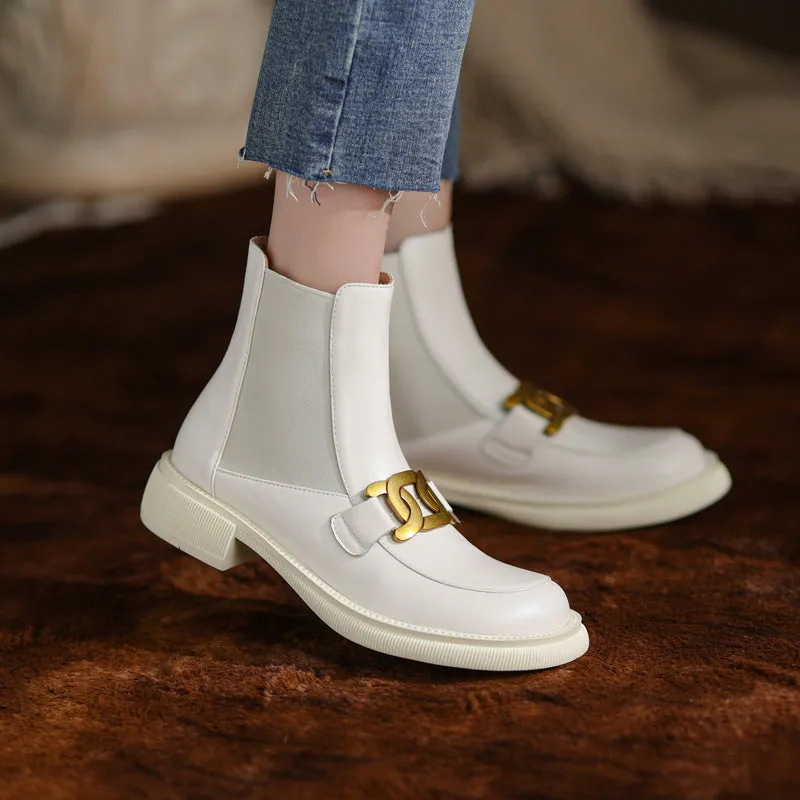 Women Ankle Boots Genuine Leather Chunky Heels Pumps