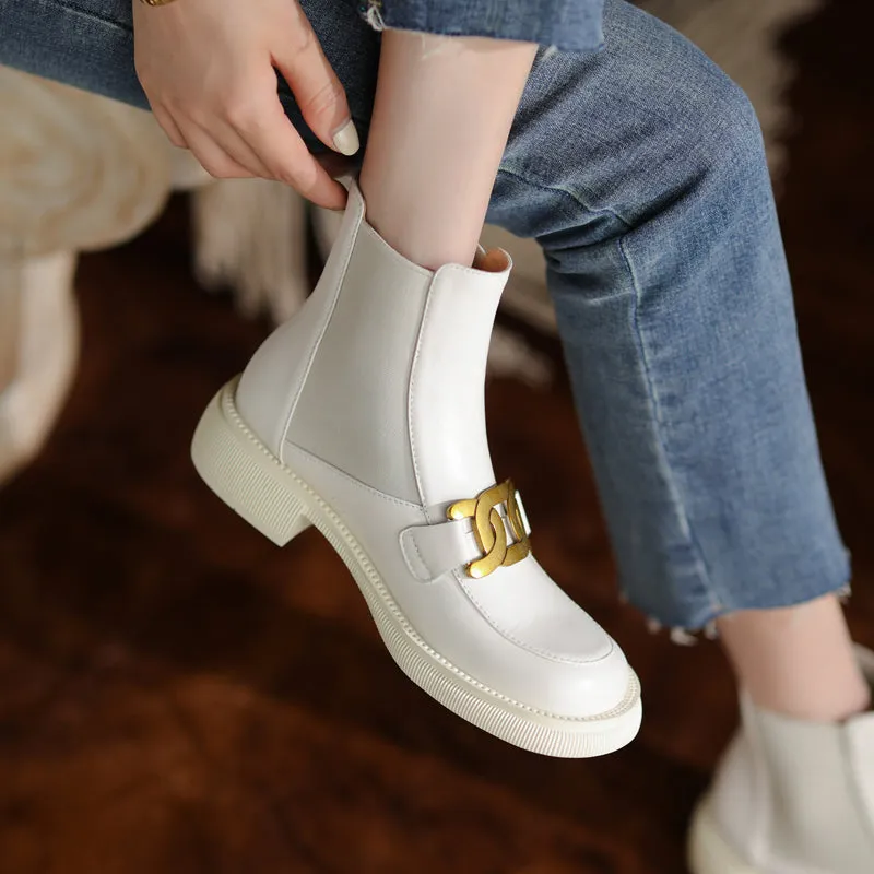 Women Ankle Boots Genuine Leather Chunky Heels Pumps