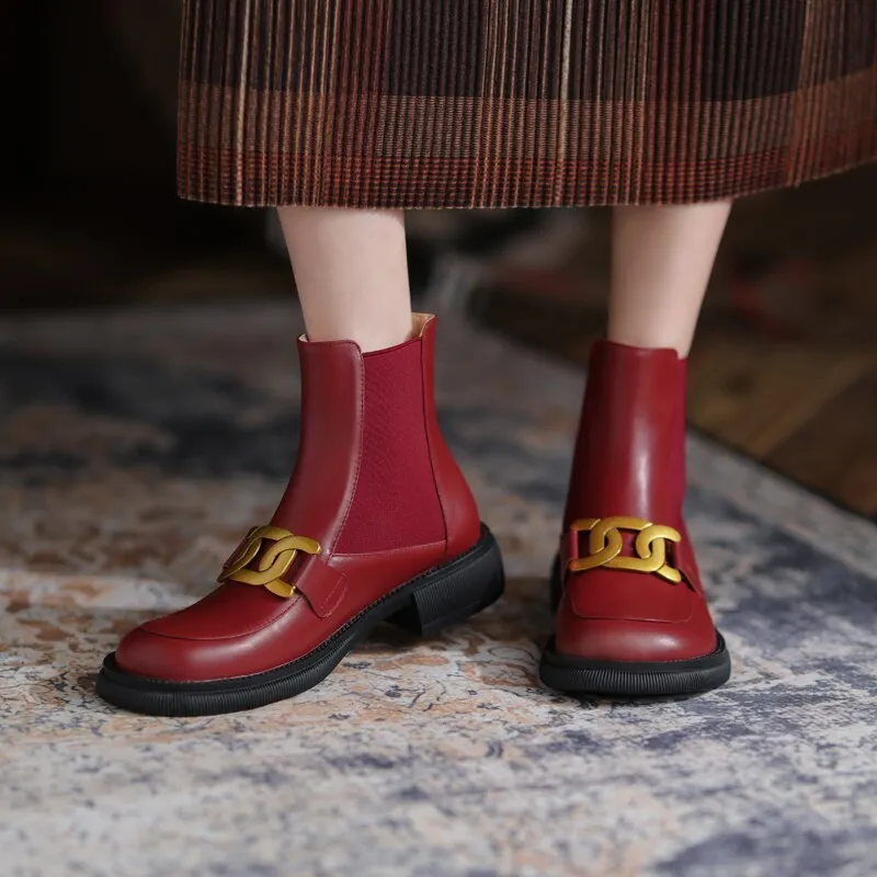Women Ankle Boots Genuine Leather Chunky Heels Pumps