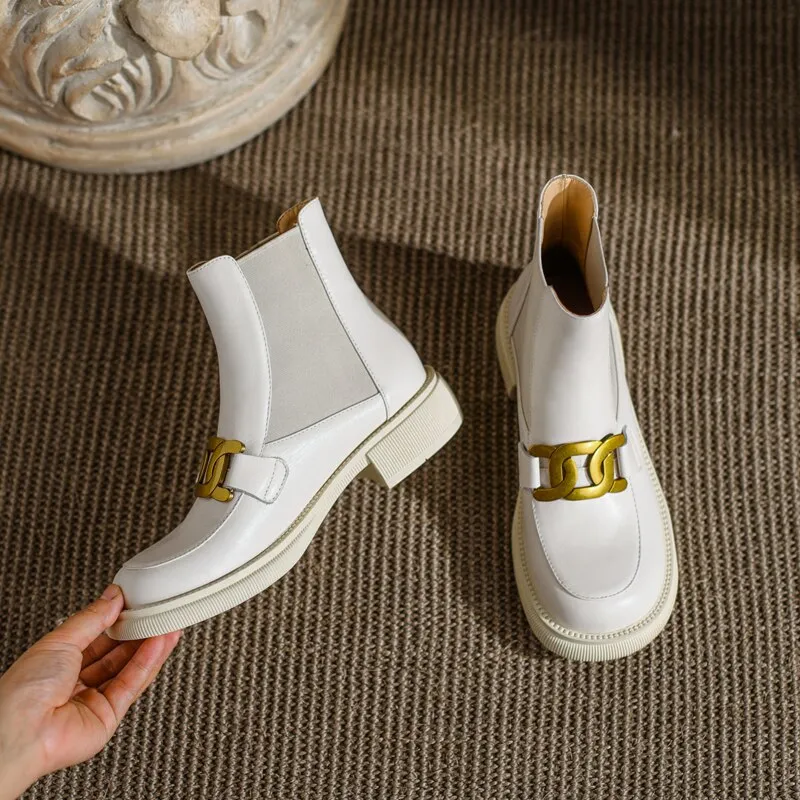 Women Ankle Boots Genuine Leather Chunky Heels Pumps