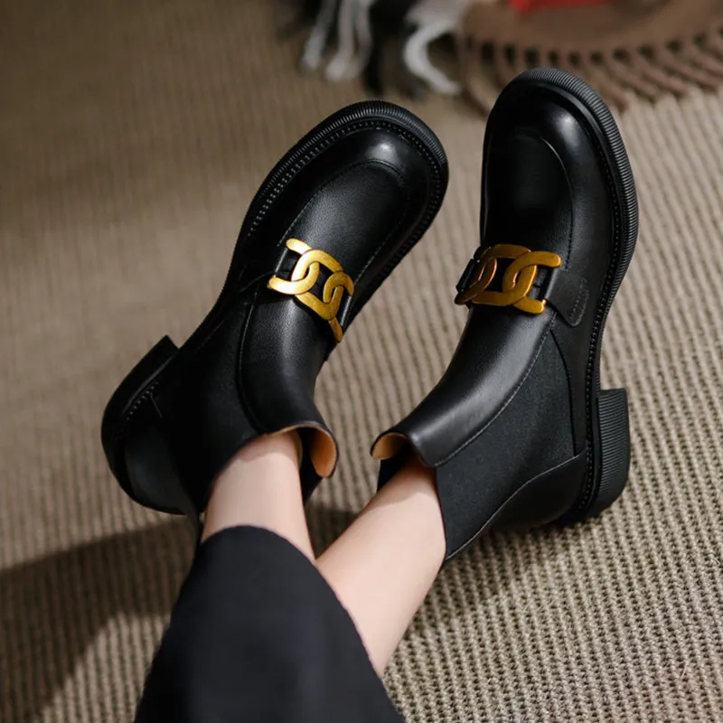Women Ankle Boots Genuine Leather Chunky Heels Pumps