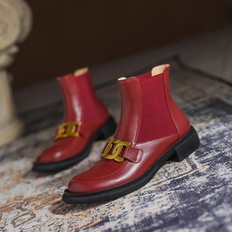 Women Ankle Boots Genuine Leather Chunky Heels Pumps