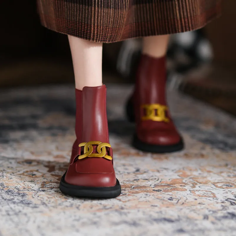 Women Ankle Boots Genuine Leather Chunky Heels Pumps
